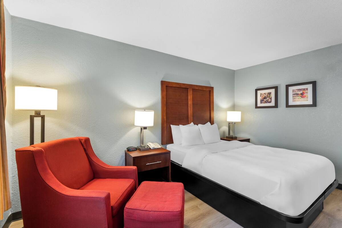 Quarto de hotel com uma cama, uma poltrona vermelha, uma mesinha de cabeceira com abajur e duas fotos emolduradas na parede.