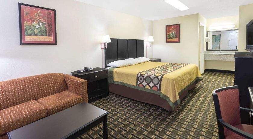 Desk, laptop workspace, blackout curtains, free WiFi