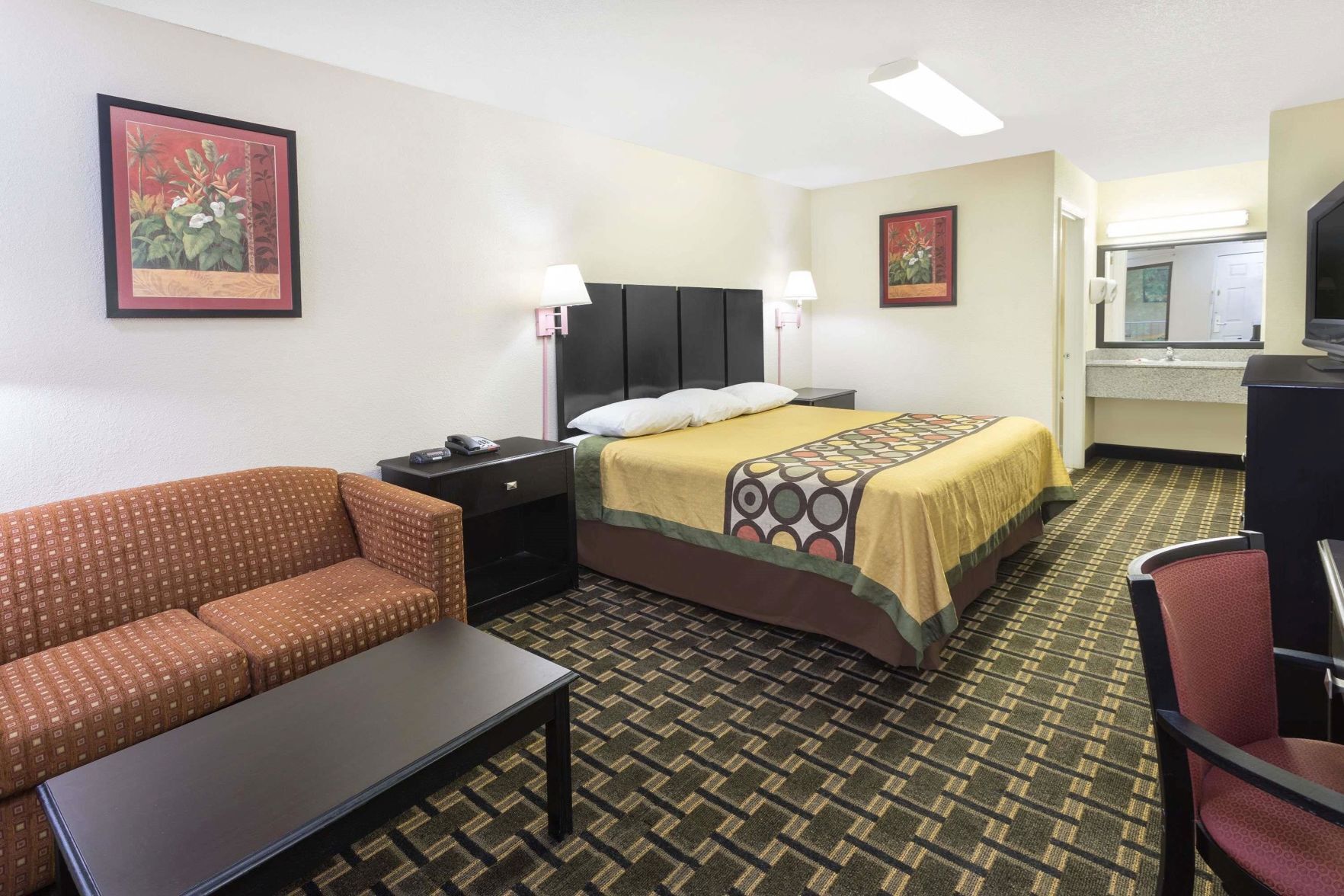 Desk, laptop workspace, blackout curtains, free WiFi