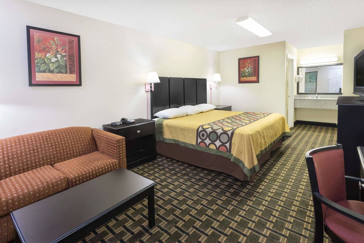 A hotel room with a bed, a sofa, a desk, and a chair.