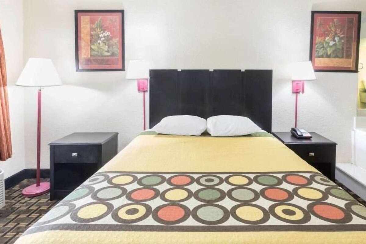Desk, laptop workspace, blackout curtains, free WiFi