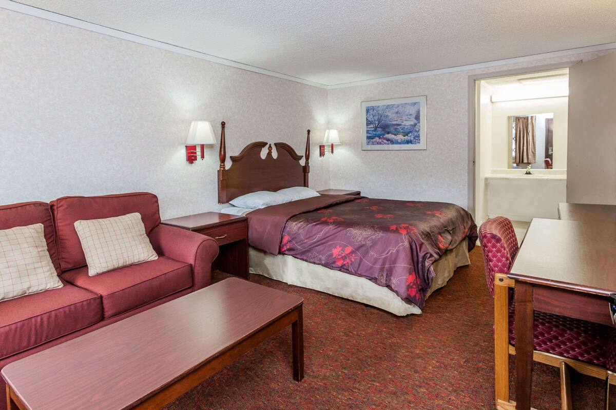 A hotel room with a bed, a sofa, a desk, and a chair.