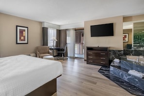 Habitación de hotel con cama, escritorio, silla, televisor, baño con lavamanos y espejo, y vista al exterior.
