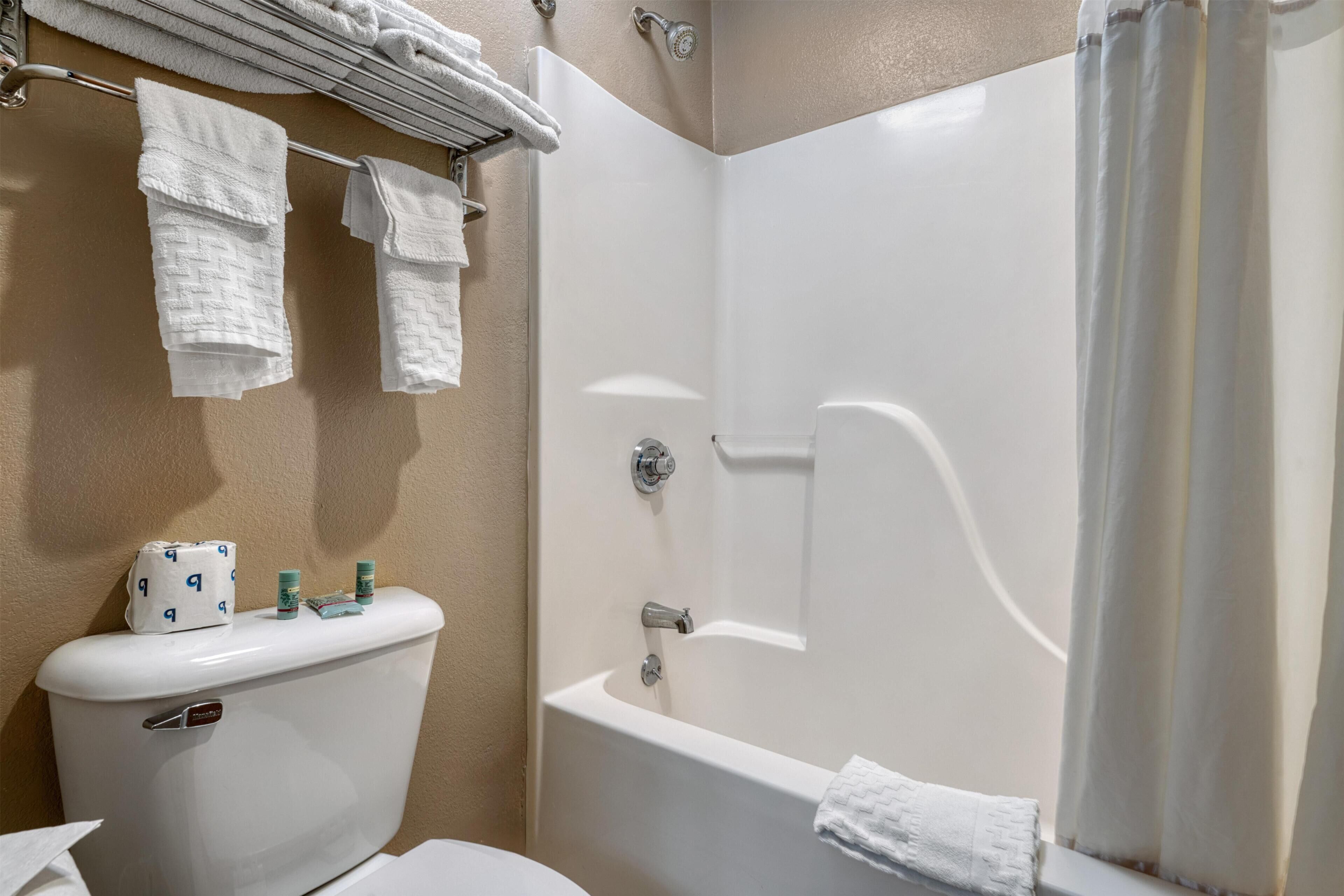 Habitación estándar, 2 camas matrimoniales, para no fumadores, refrigerador y microondas | Baño | Amenidades de baño gratuitas, secadora de cabello, toallas 