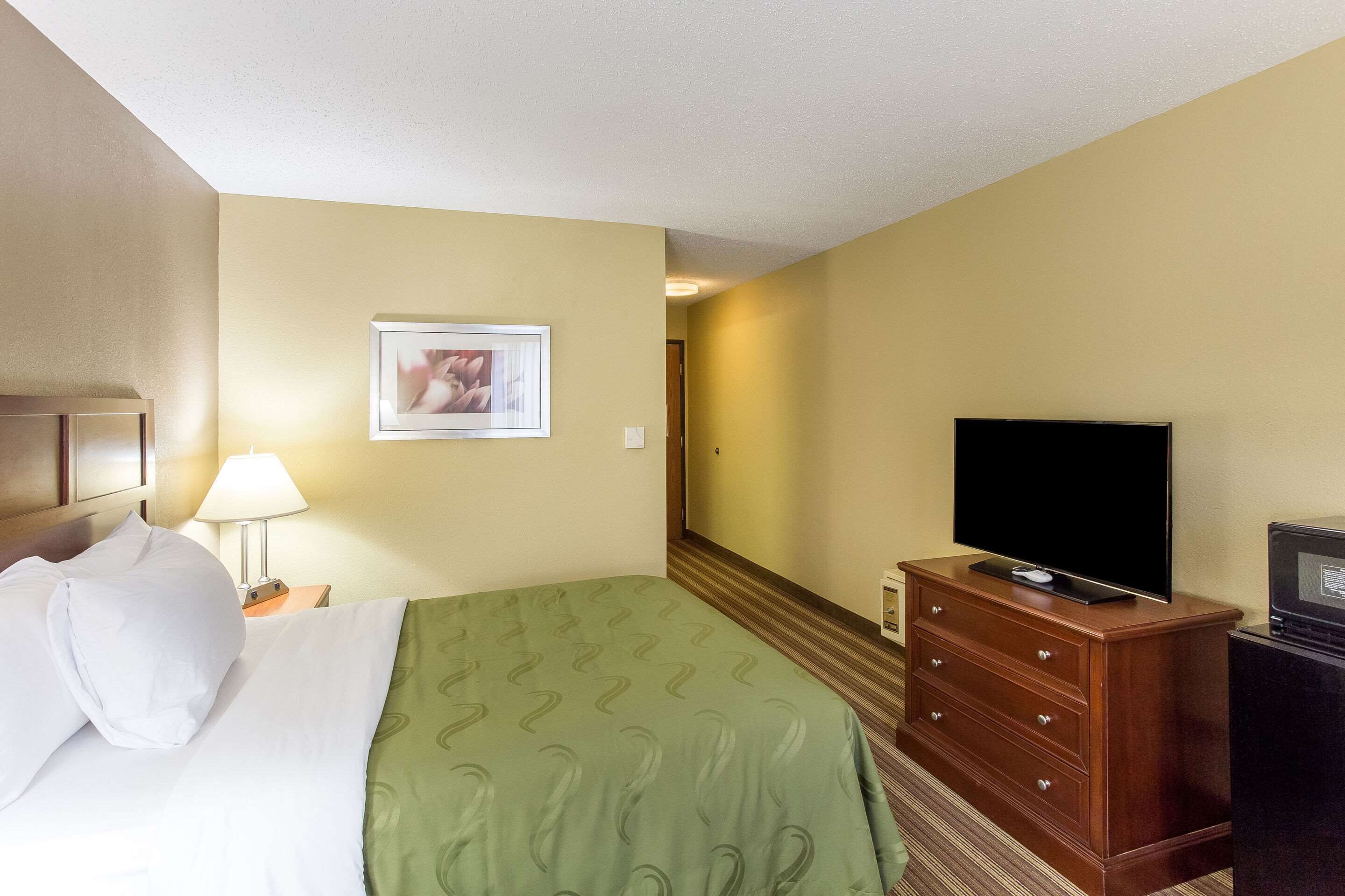 A hotel room with a bed, a television on a dresser, a lamp, and a framed picture on the wall.