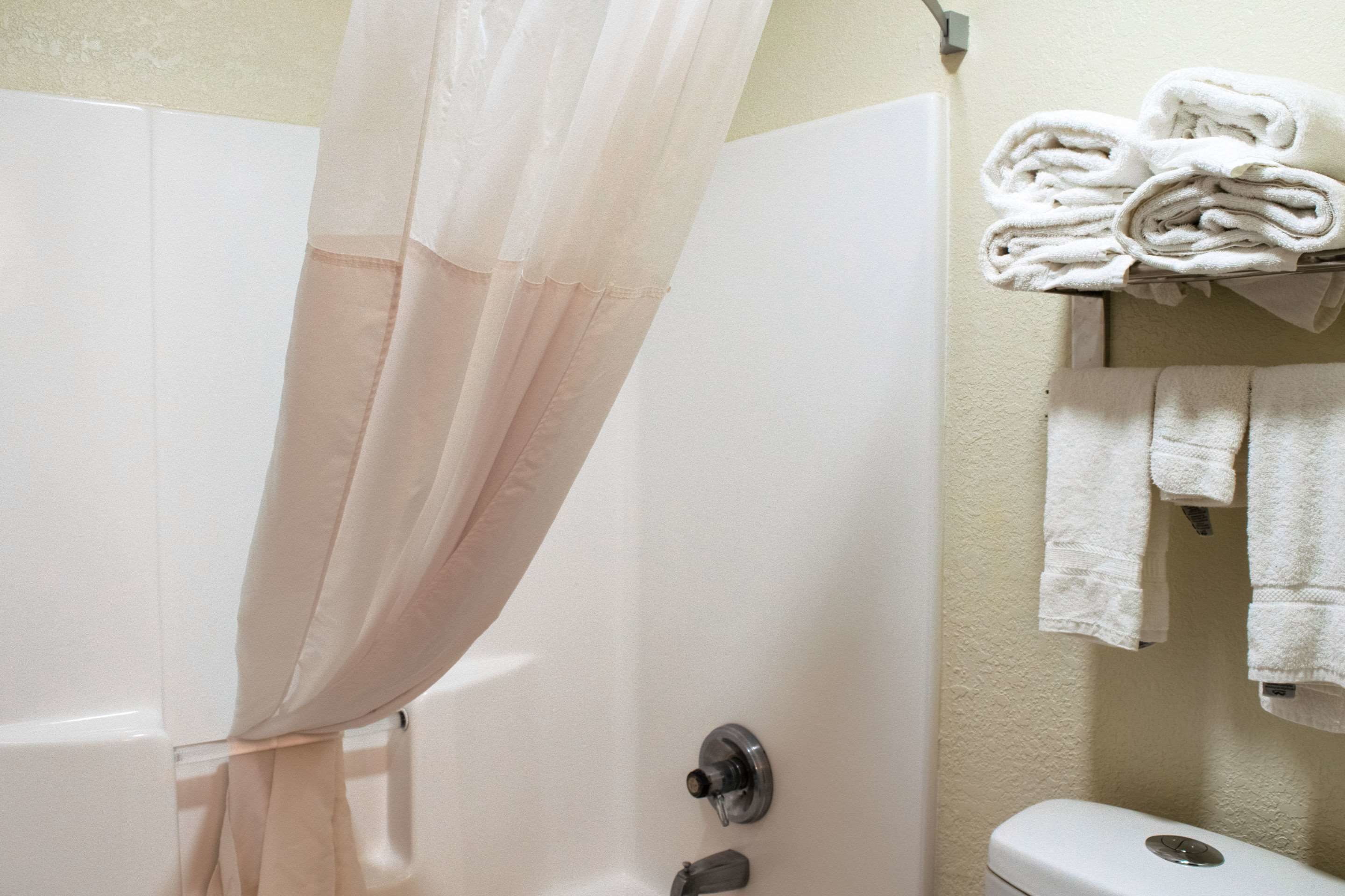 A bathroom with a shower curtain, a toilet, and a shelf with folded towels.