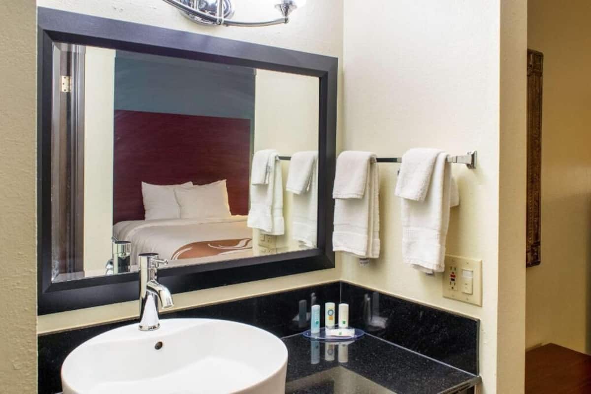 Um banheiro de hotel com um espelho grande, uma pia redonda e várias toalhas em um porta-toalhas.