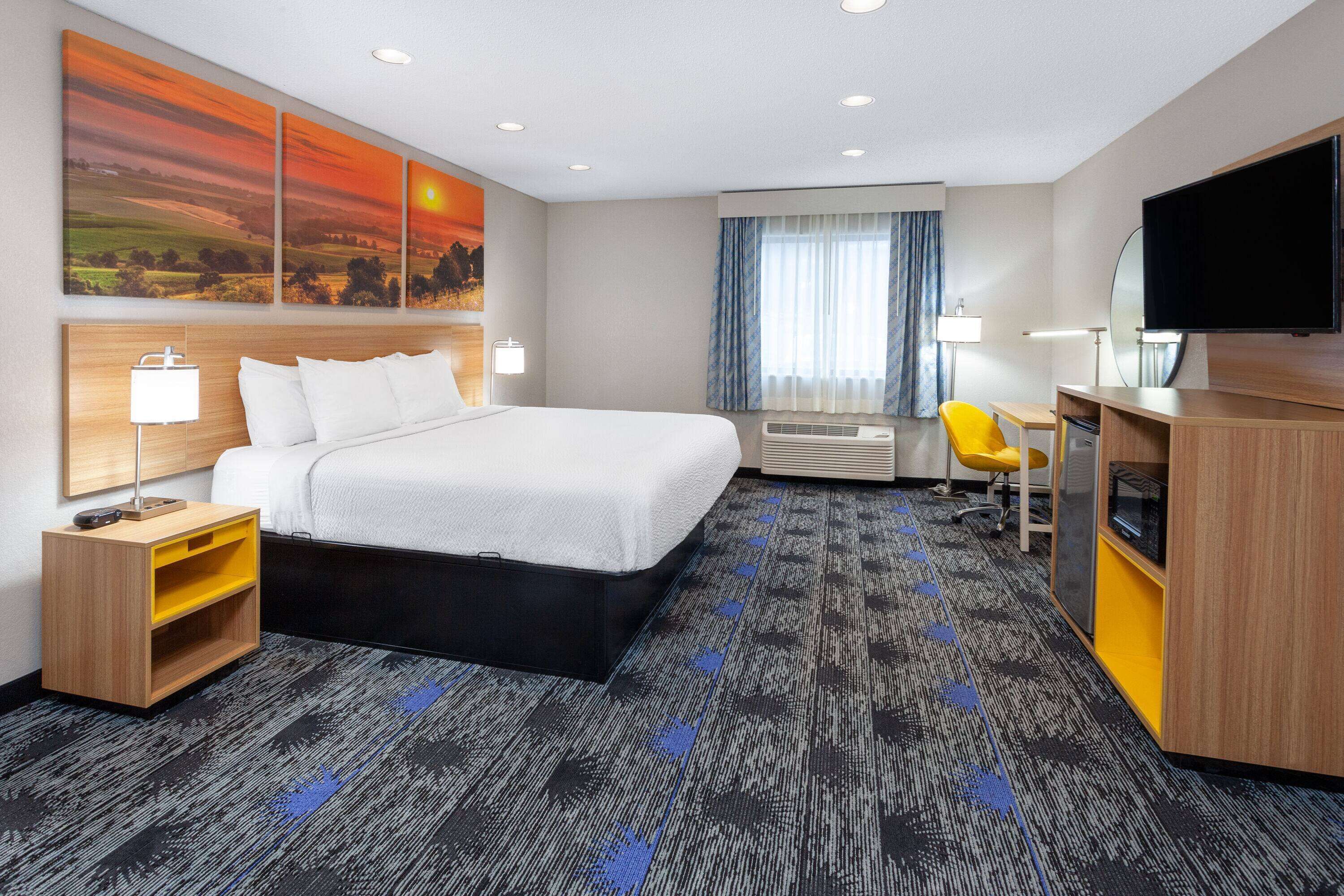 Una habitación de hotel con cama, escritorio, silla, televisor y obras de arte en la pared.