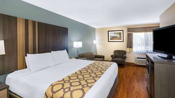 A hotel room with a large bed, a desk, a chair, a television, and a painting on the wall.
