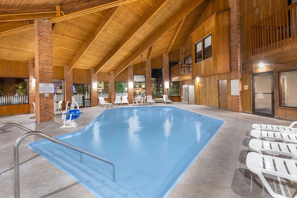 Indoor pool, open 11:00 AM to 9:00 PM, pool loungers