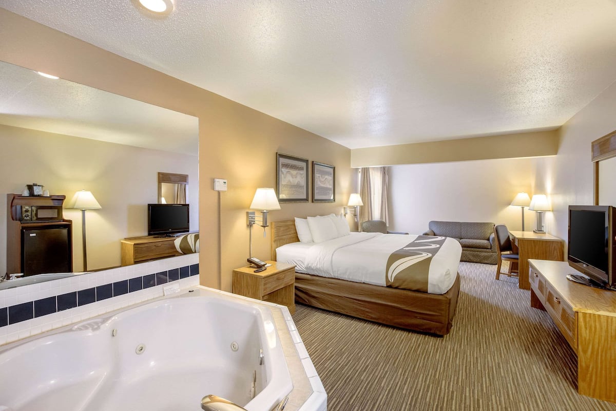 Habitación de hotel con una cama grande, un sofá independiente, un escritorio, un televisor, un baño con bañera y un espejo.