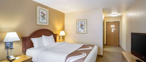 A hotel room with a bed, bedside lamps, a desk with a phone, a TV, and framed floral artwork on the walls.