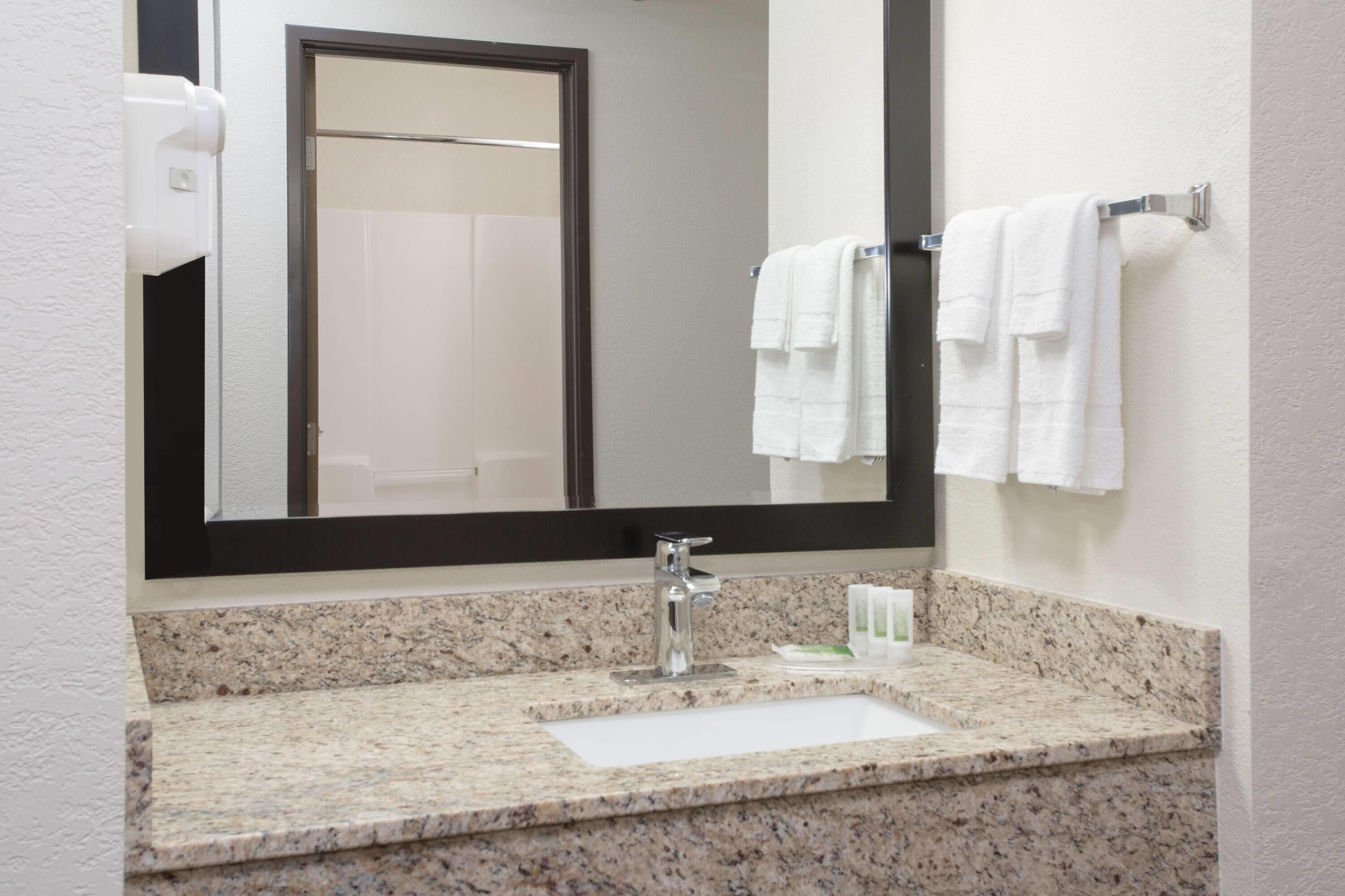 hair dryer, towels, soap, shampoo