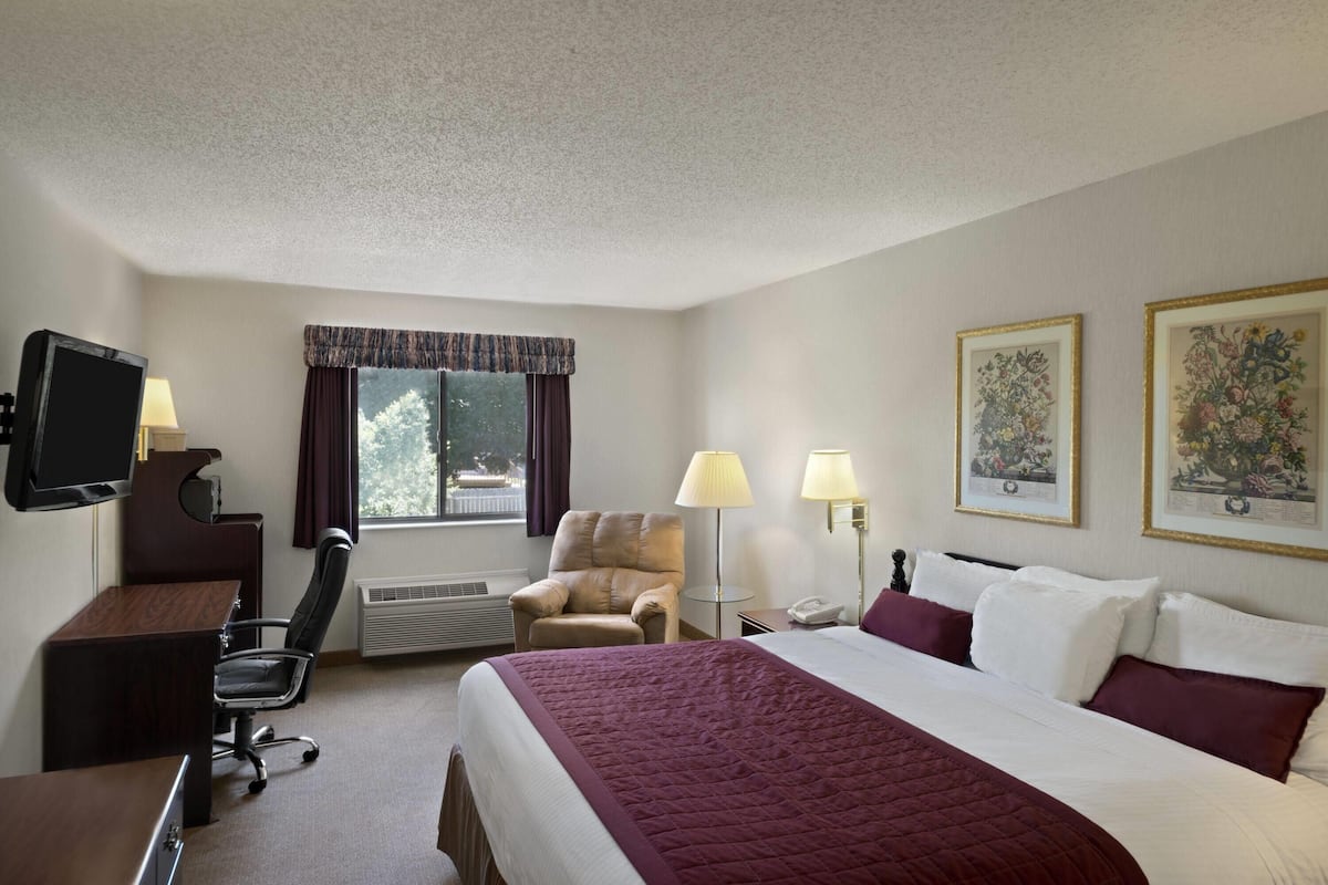 Une chambre d’hôtel comprenant un lit, un bureau, une chaise, un téléviseur, une fenêtre avec des rideaux, deux lampes fixées au mur et deux tableaux représentant des motifs floraux, encadrés.