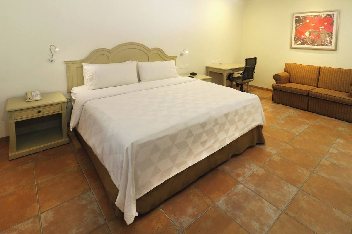 Una habitación de hotel con cama, mesita de noche, escritorio, silla y sofá.