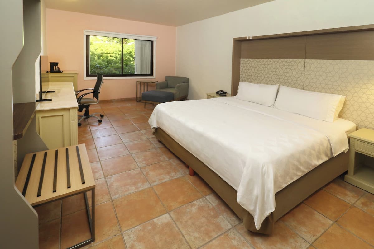 Habitación de hotel con cama, escritorio, silla y ventana con vistas a zonas verdes.