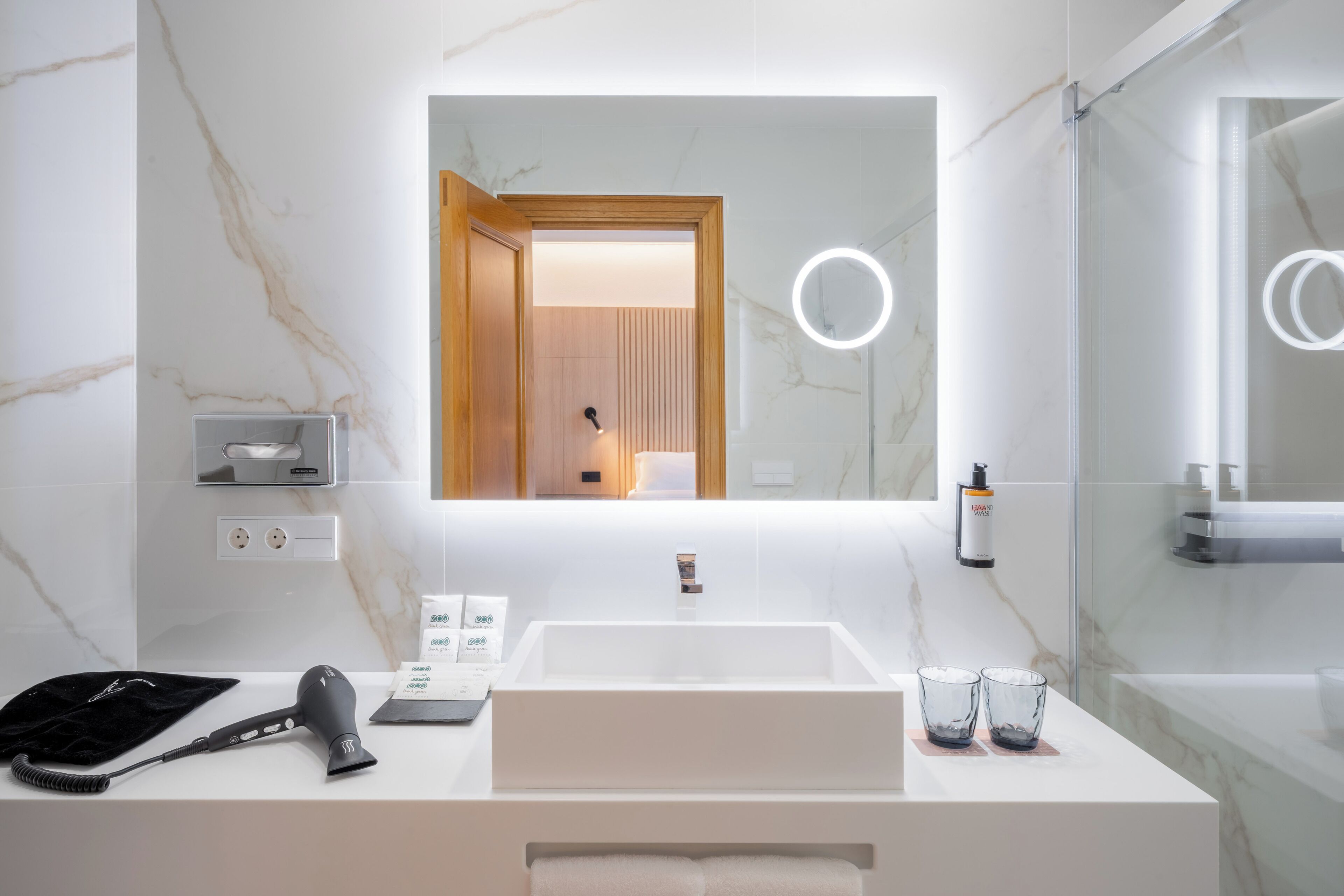 hair dryer, bidet, towels