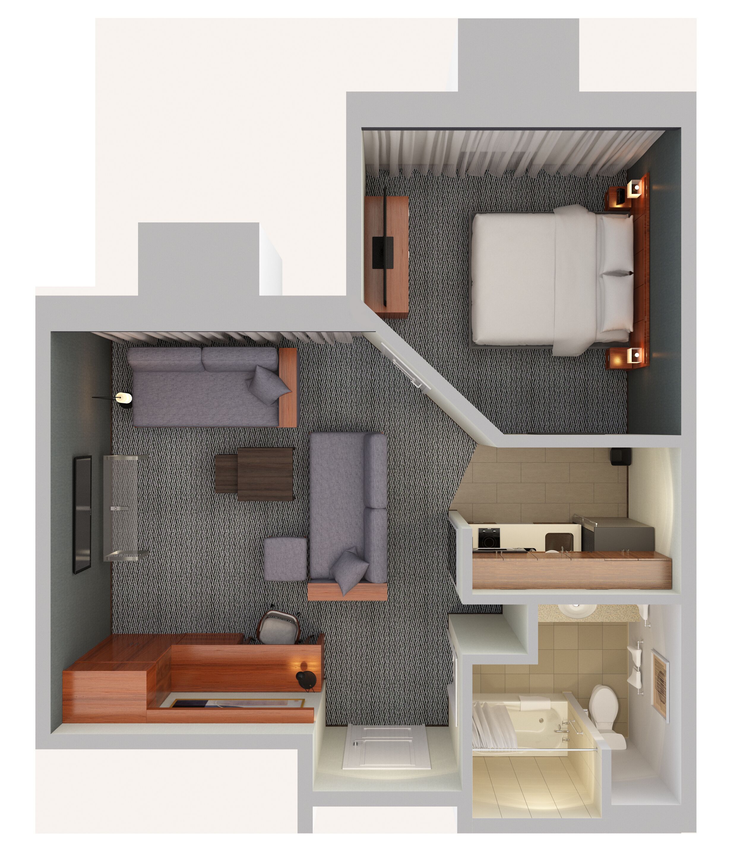 Distribución moderna de una habitación de hotel con cama, sofá y una pequeña cocina.