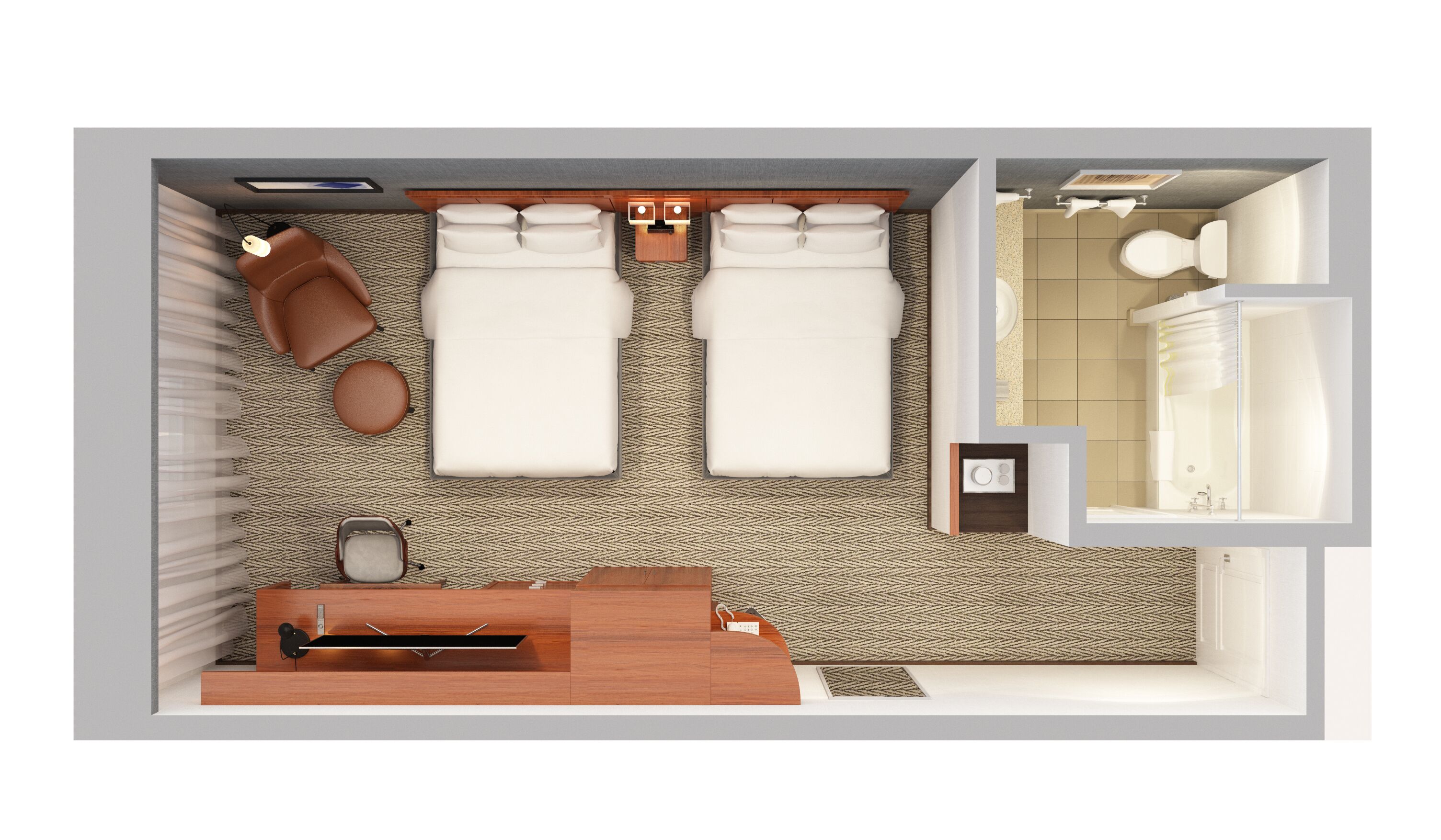 A hotel room with two beds, a desk, a chair, a small table, and a bathroom with a sink and toilet.