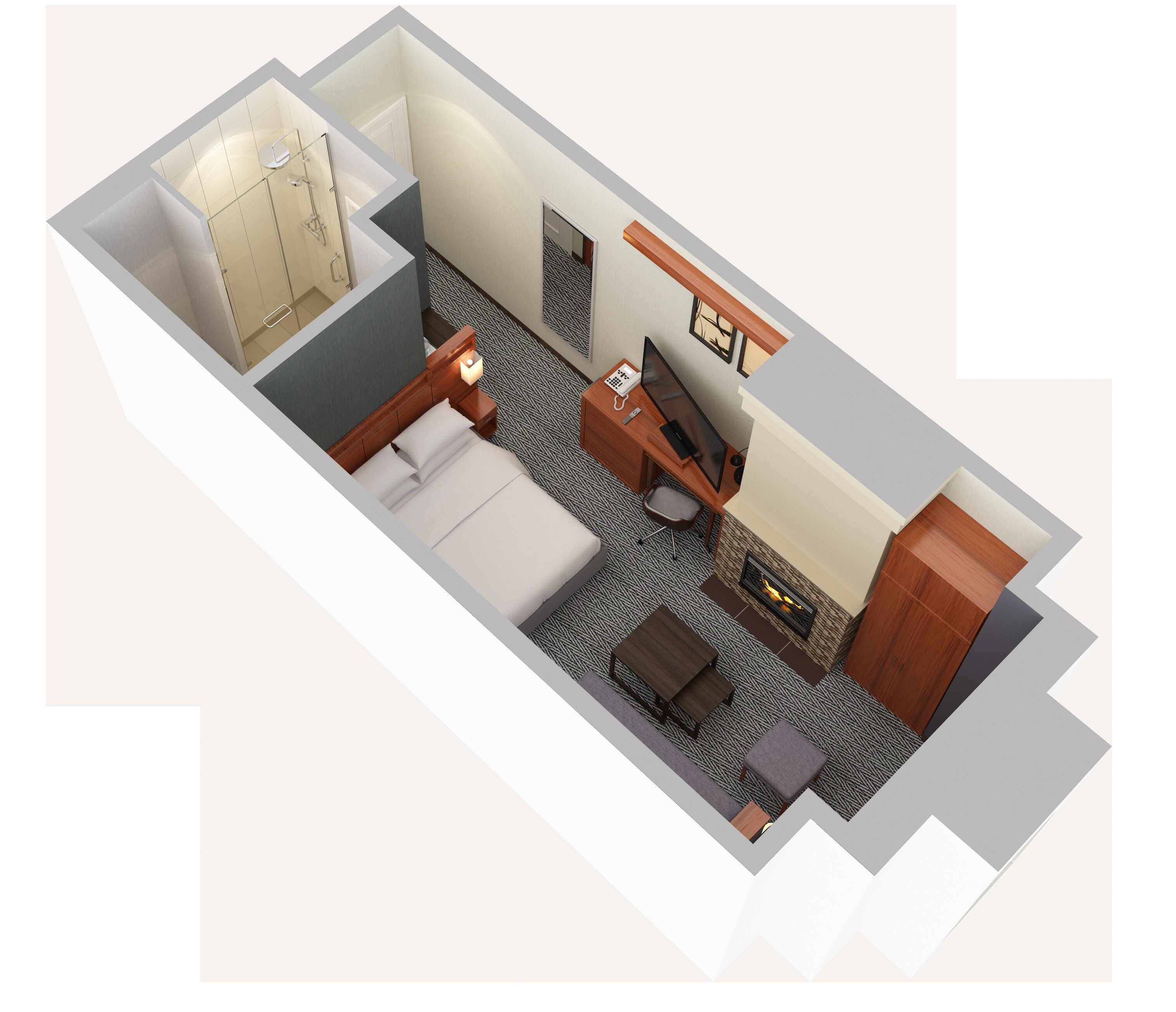 Habitación de hotel con cama, escritorio, silla, armario y chimenea.