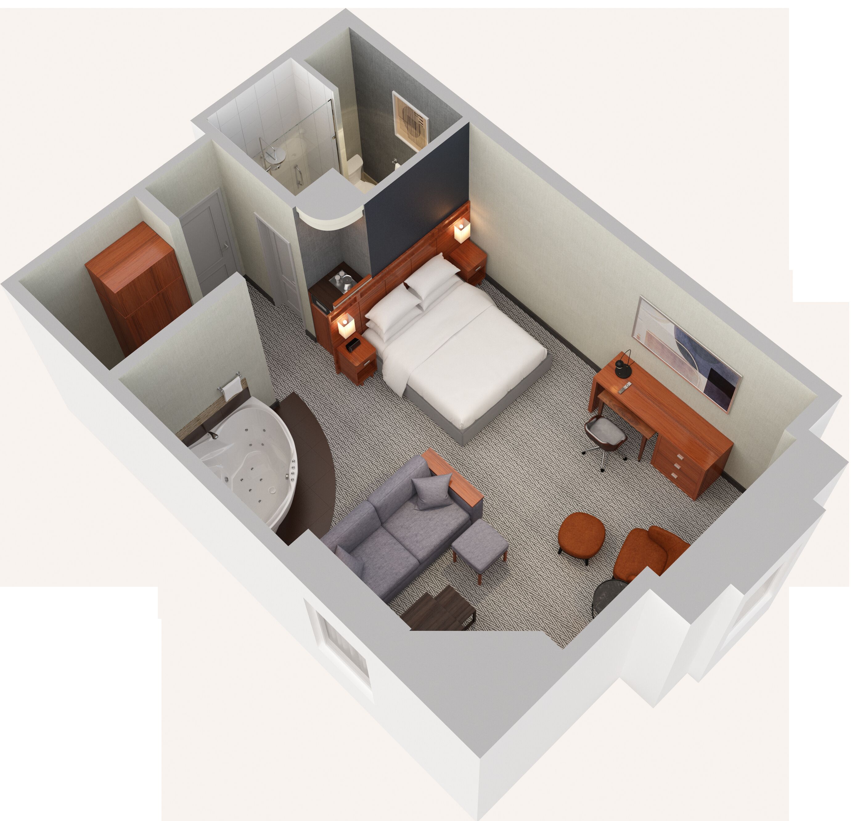 room, 1 king bed with sofa bed, fireplace | floor plan
