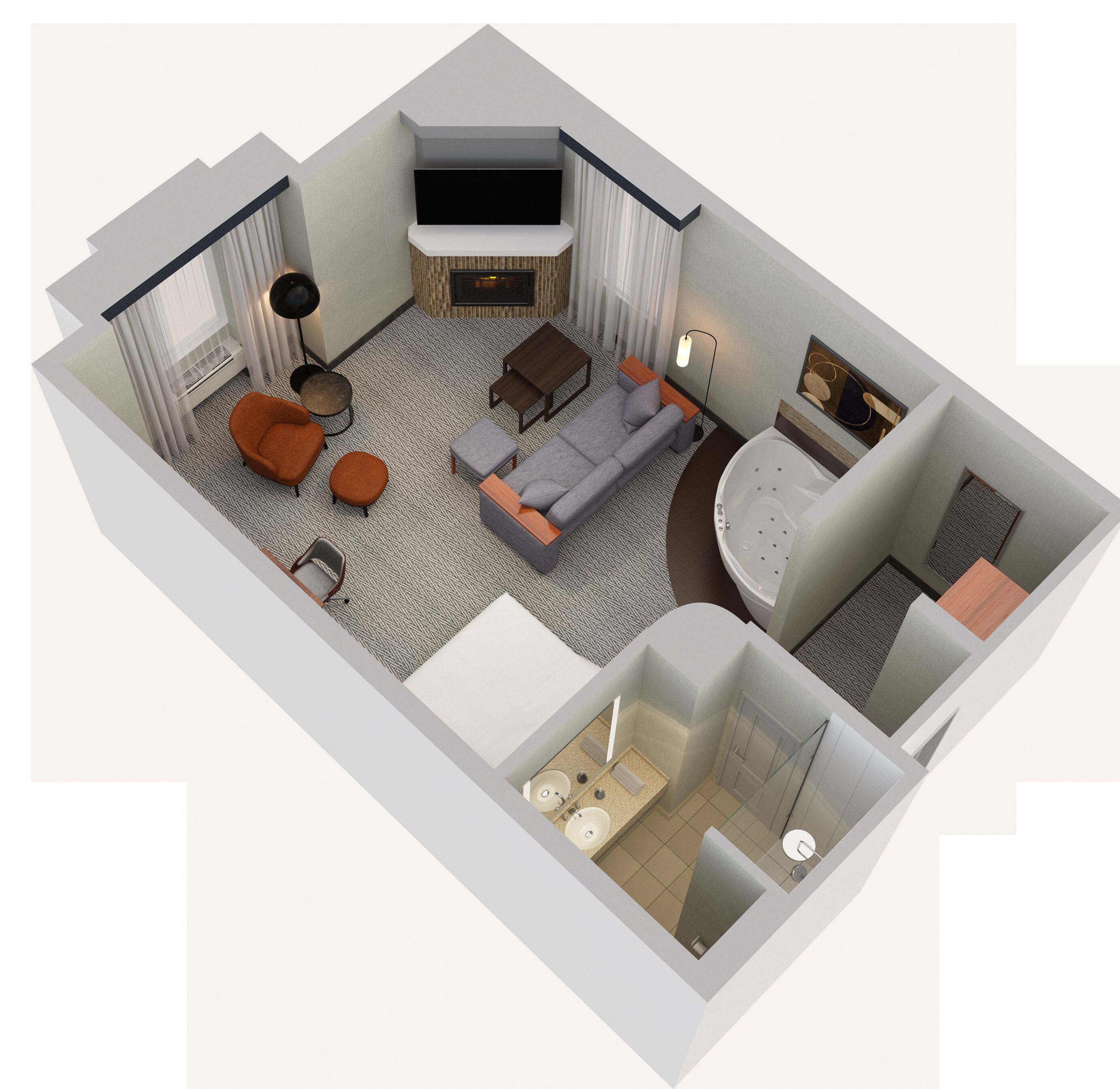 Værelse - 1 kingsize-seng med sovesofa - pejs i værelset | Plantegning