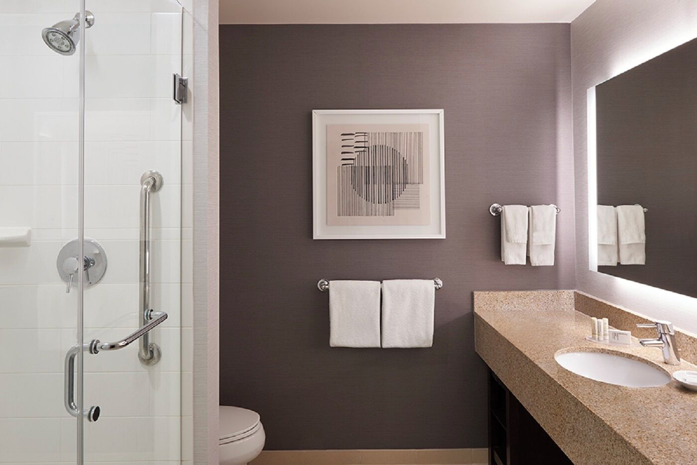 Une salle de bain moderne avec une douche à parois de verre, un lavabo doté d’un plan de travail en granit et un grand miroir.