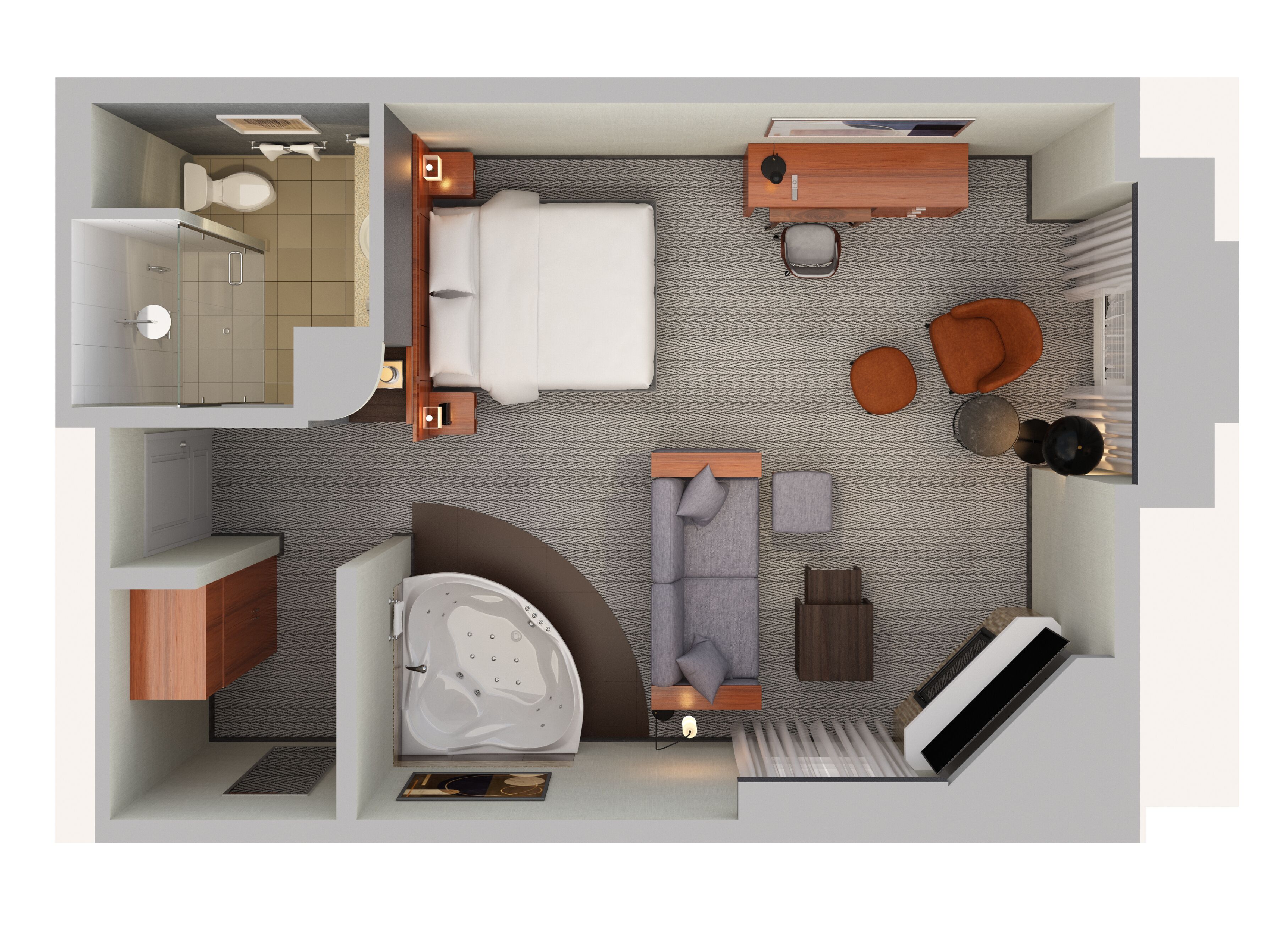 A compact hotel room with a bed, a sitting area with a sofa and armchairs, a small desk, a bathroom, and a shower area.