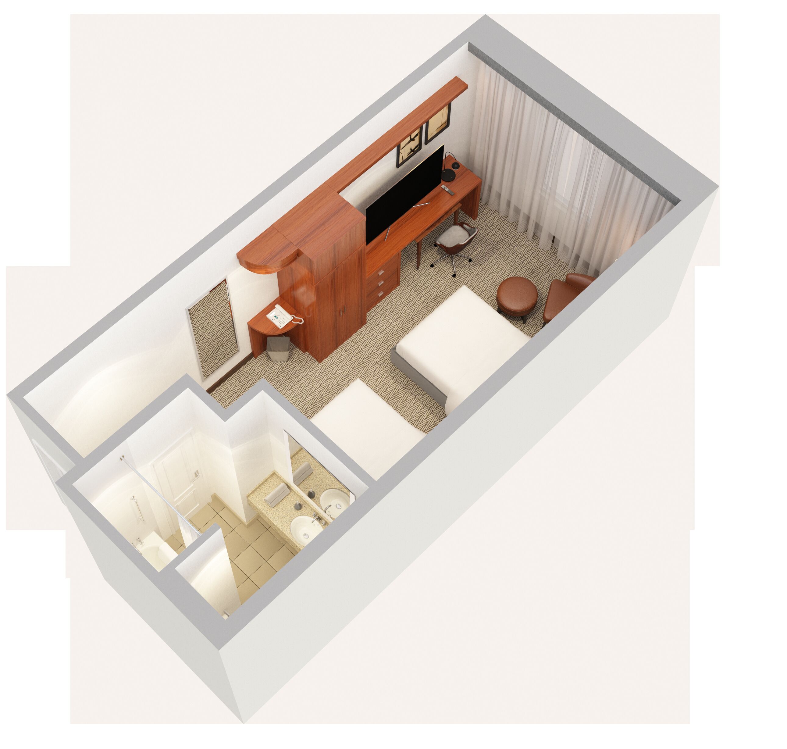 A 3D floor plan of a hotel room with a separate bathroom, a desk with a chair, a sofa, and a small round table.