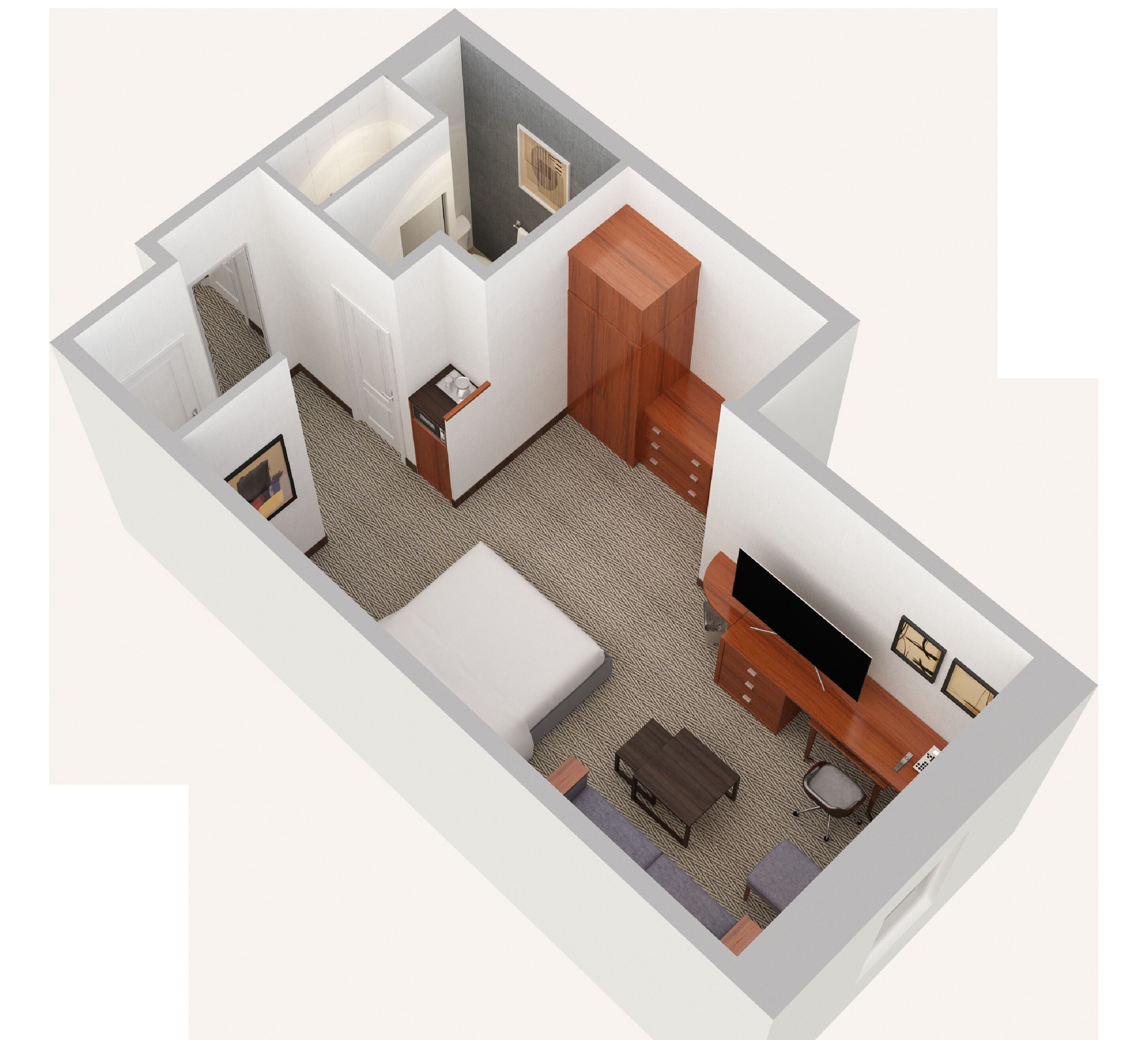 A 3D floor plan of a hotel room with a kitchenette, a bathroom, a living area with a sofa and TV, and a small dining table.
