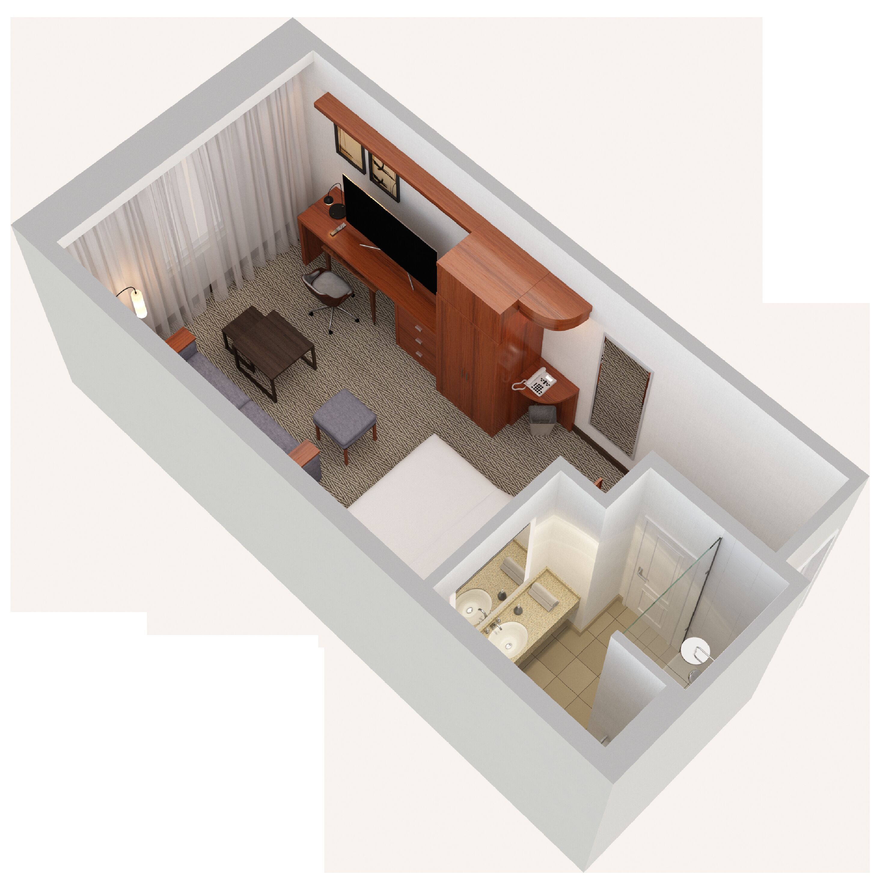 Ein 3D-Grundriss eines Hotelzimmers mit Schreibtisch, Stuhl, zwei Nachttischen, einer Couch, einem kleinen Tisch und einem Badezimmer mit Dusche und Waschbecken.