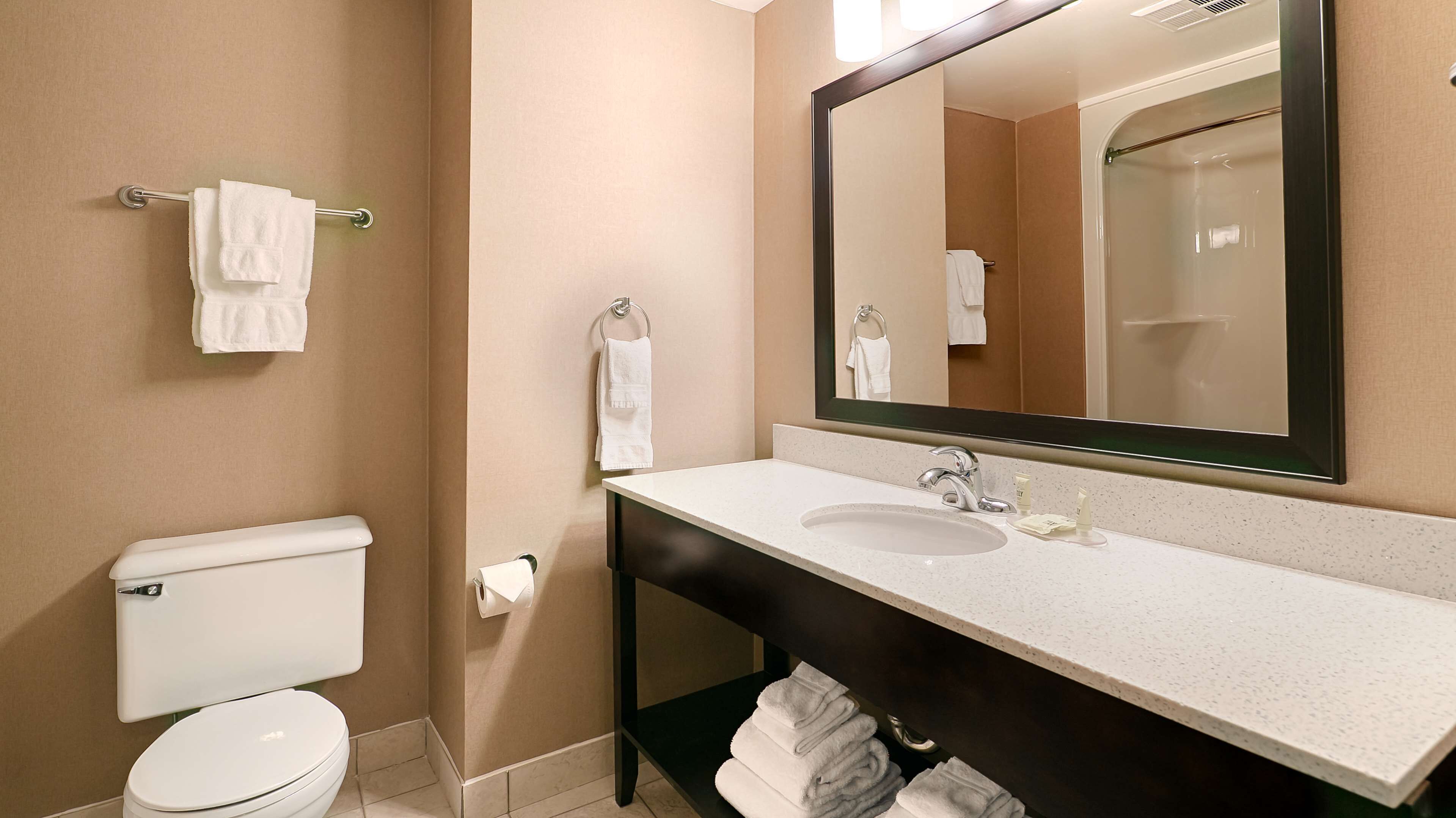 combined shower/bathtub, free toiletries, hair dryer, towels