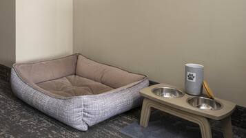 A pet bed and feeding station with a checkered pattern and a metal bowl.