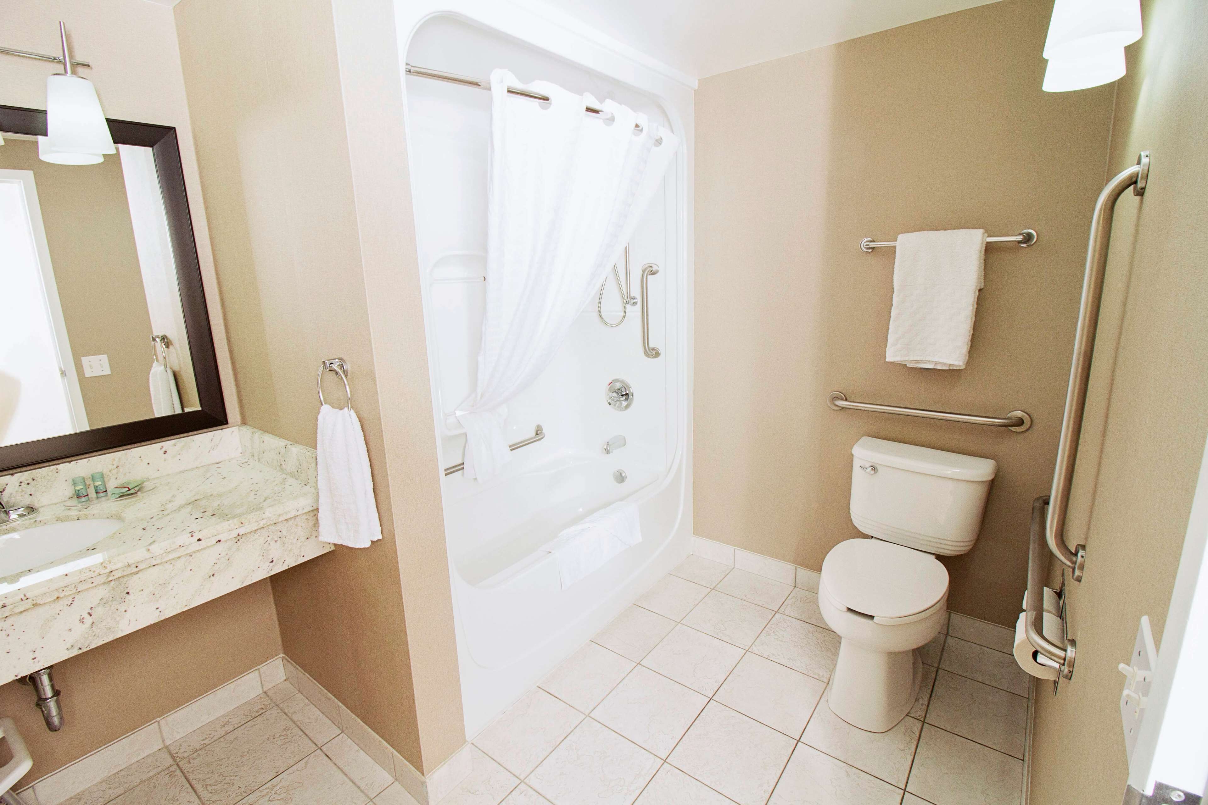 combined shower/bathtub, free toiletries, hair dryer, towels
