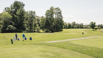Golfers enjoy a serene round amidst lush greenery and mature trees.