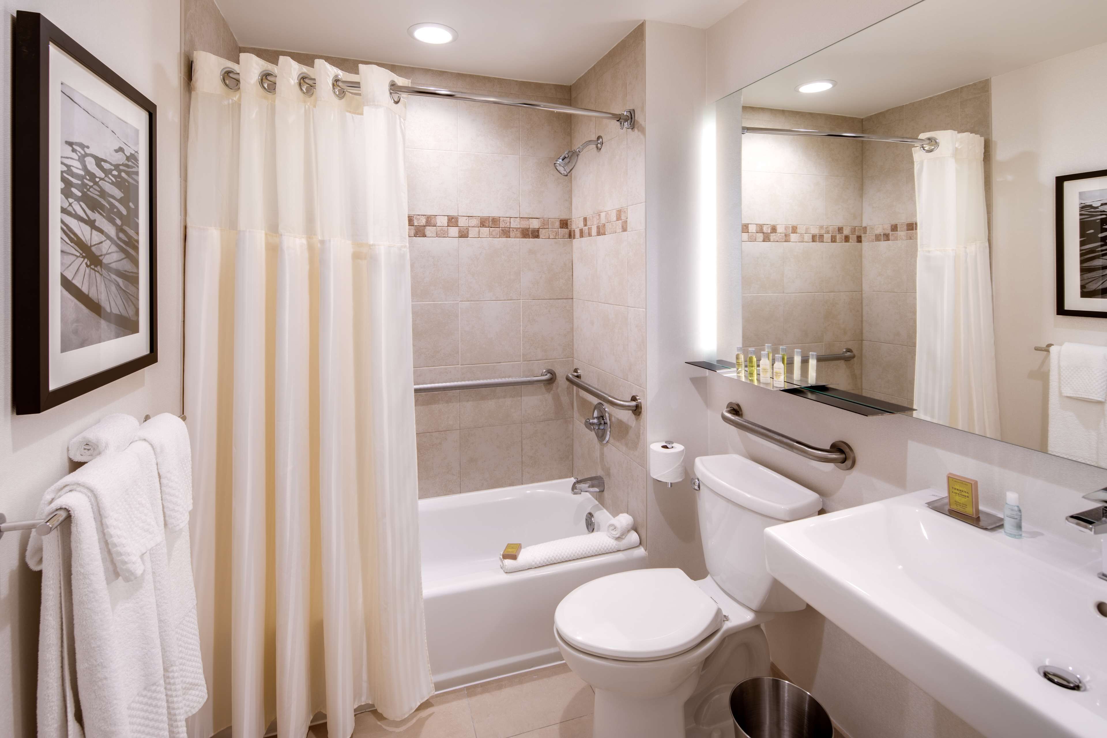 combined shower/bathtub, free toiletries, hair dryer, towels