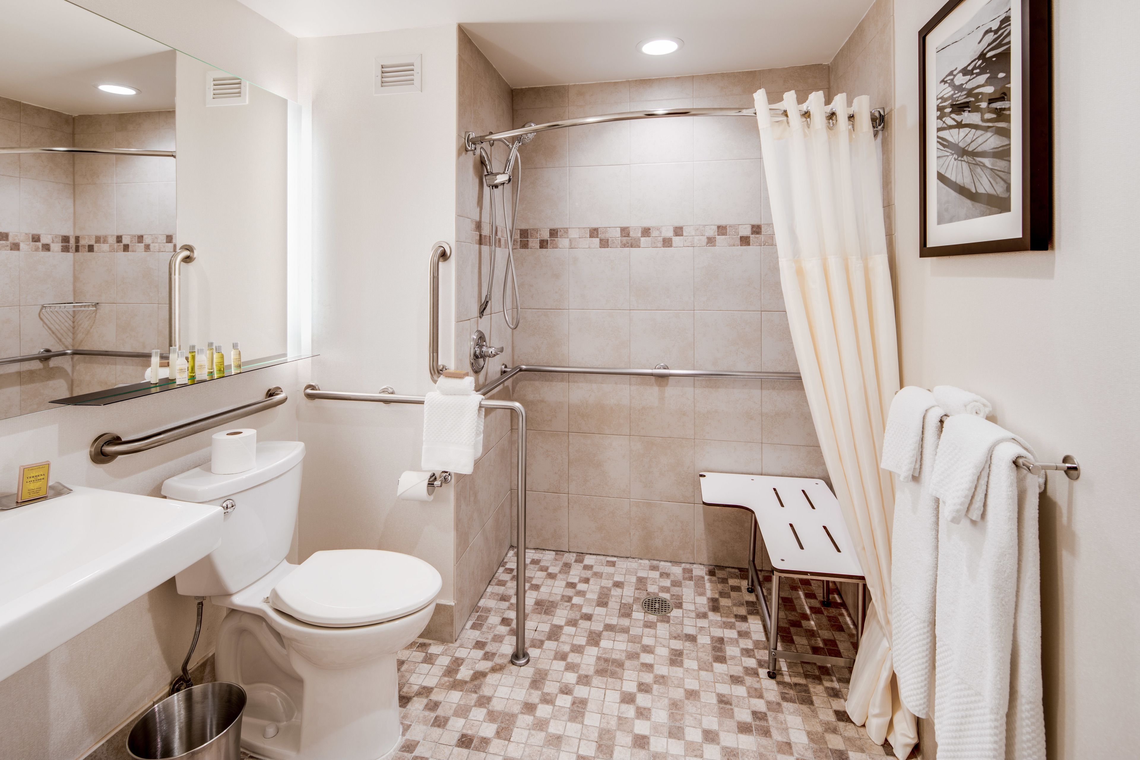 junior suite, accessible (roll-in shower) | bathroom | combined shower/bathtub, free toiletries, hair dryer, towels