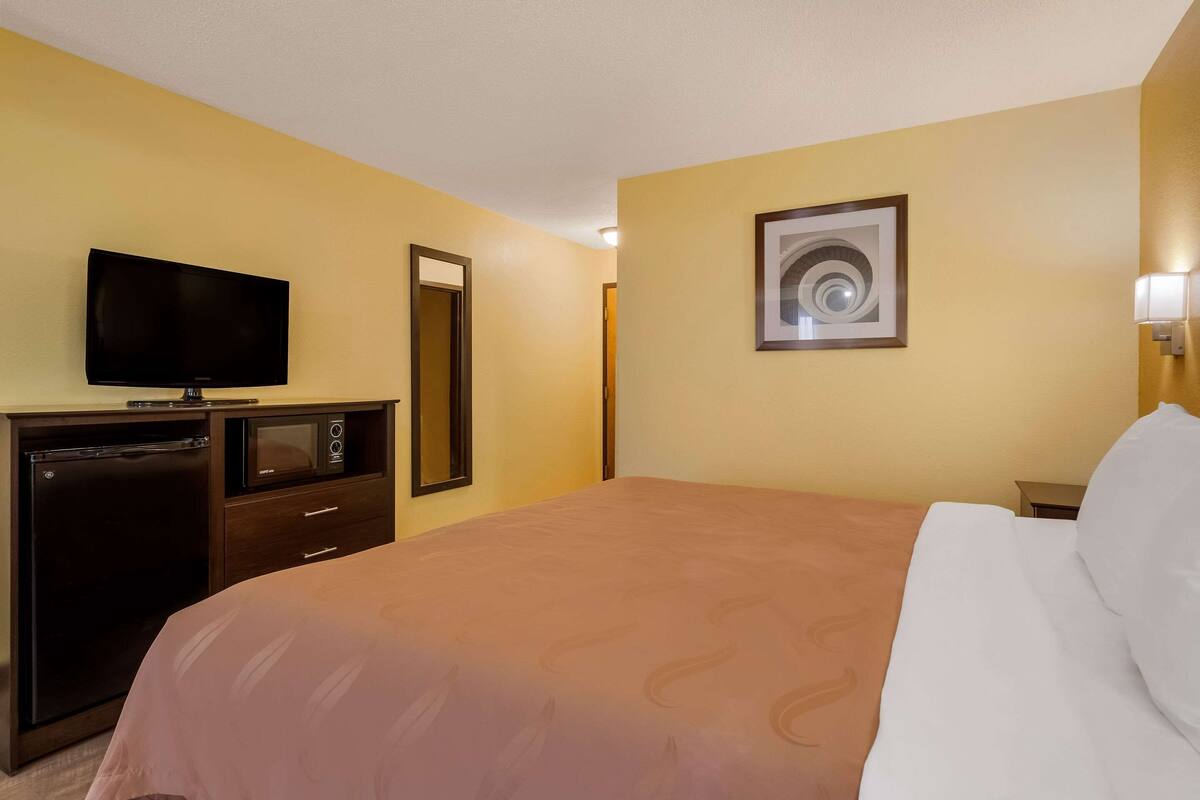 A hotel room with a bed, a TV, a microwave, and a small cabinet.