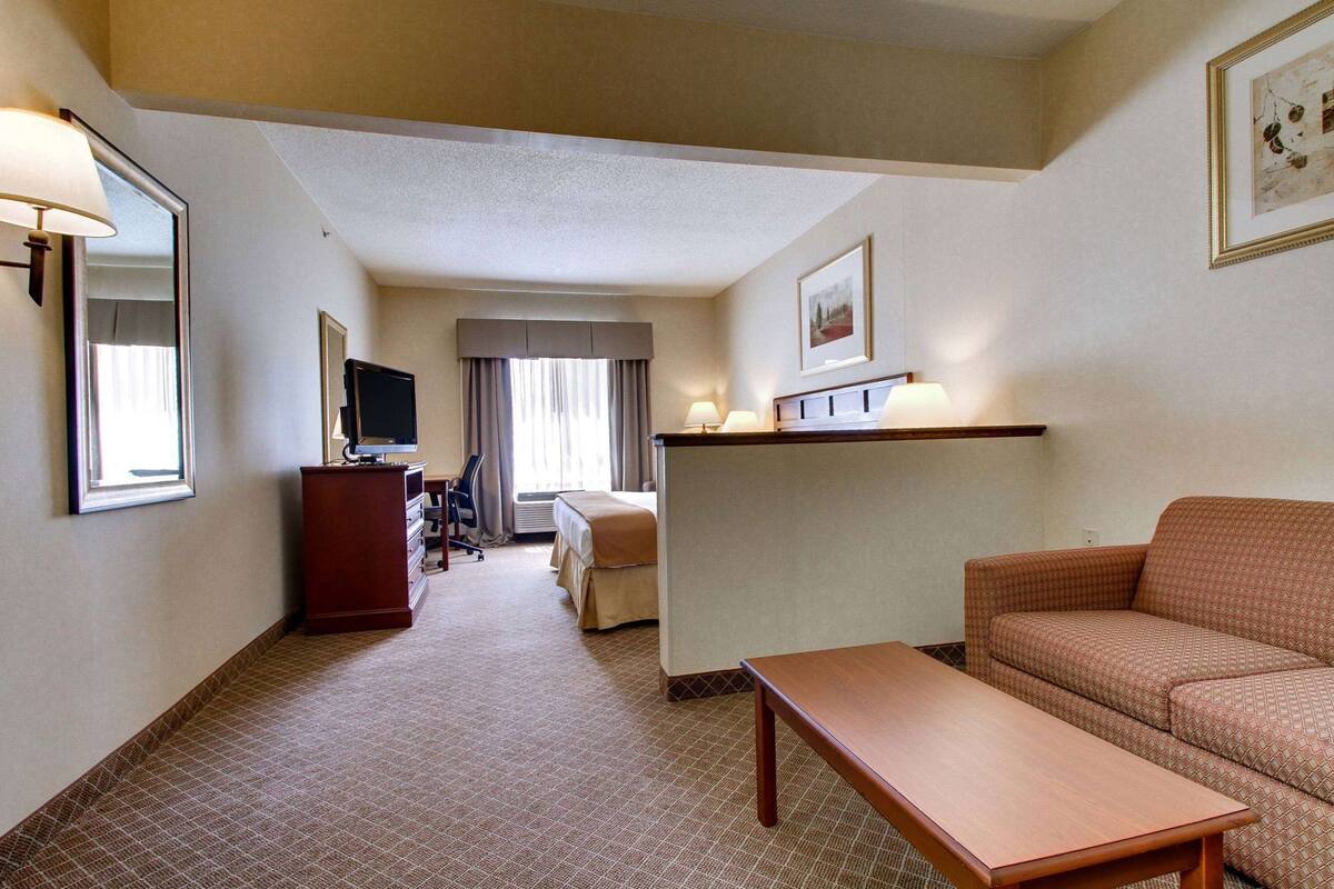 A hotel room with a bed, a desk, a television, a sofa, and a small table.