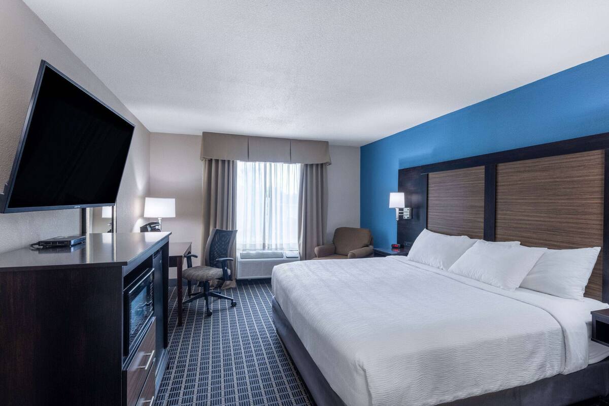 A hotel room with a bed, a desk with a TV, a chair, a lamp, and a window with curtains.