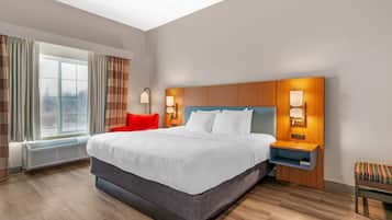 Hypo-allergenic bedding, down comforters, desk, blackout drapes