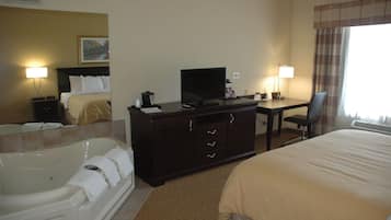 Hypo-allergenic bedding, down comforters, desk, blackout drapes