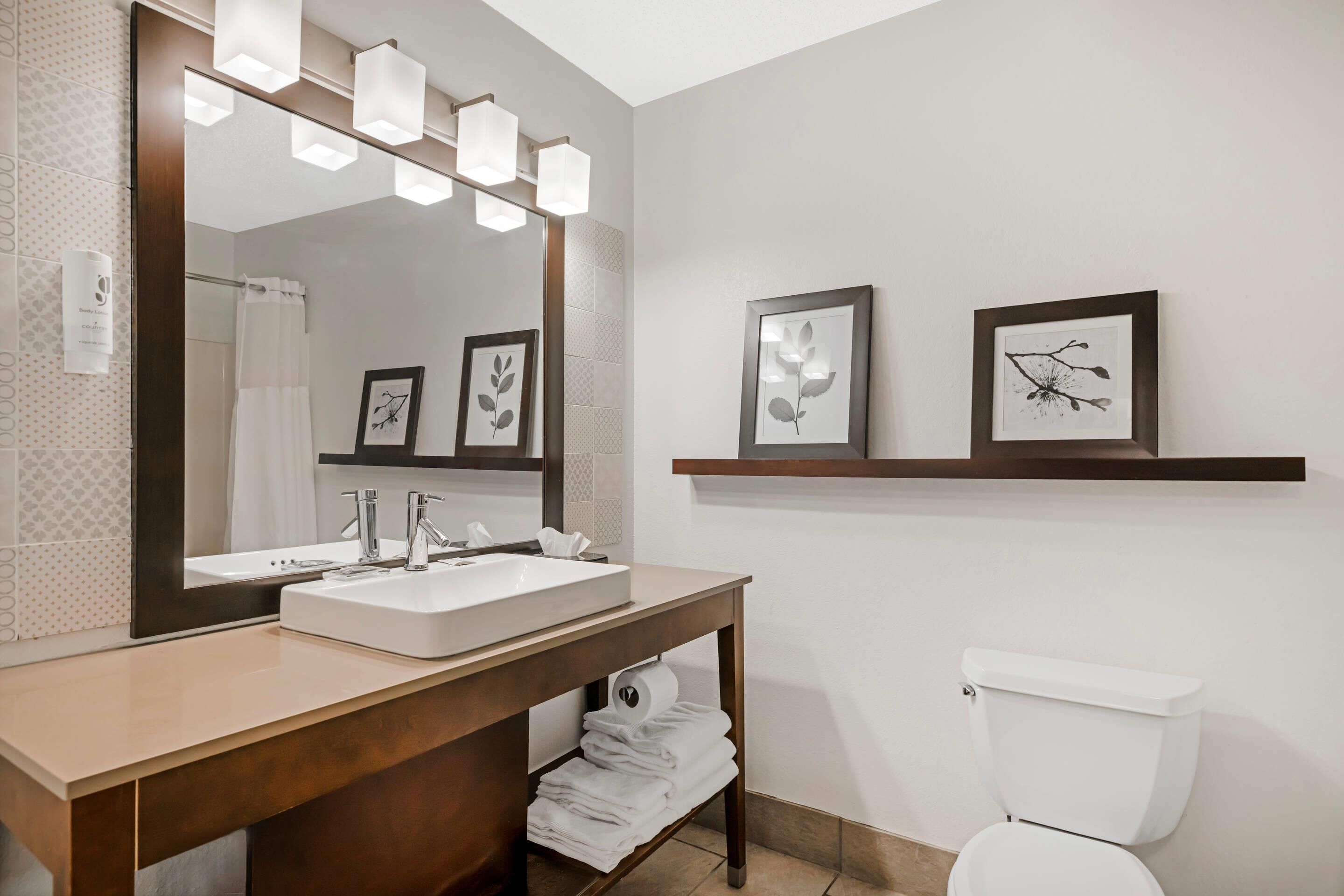 A bathroom with a large mirror, a sink, a toilet, and framed artwork on the wall.