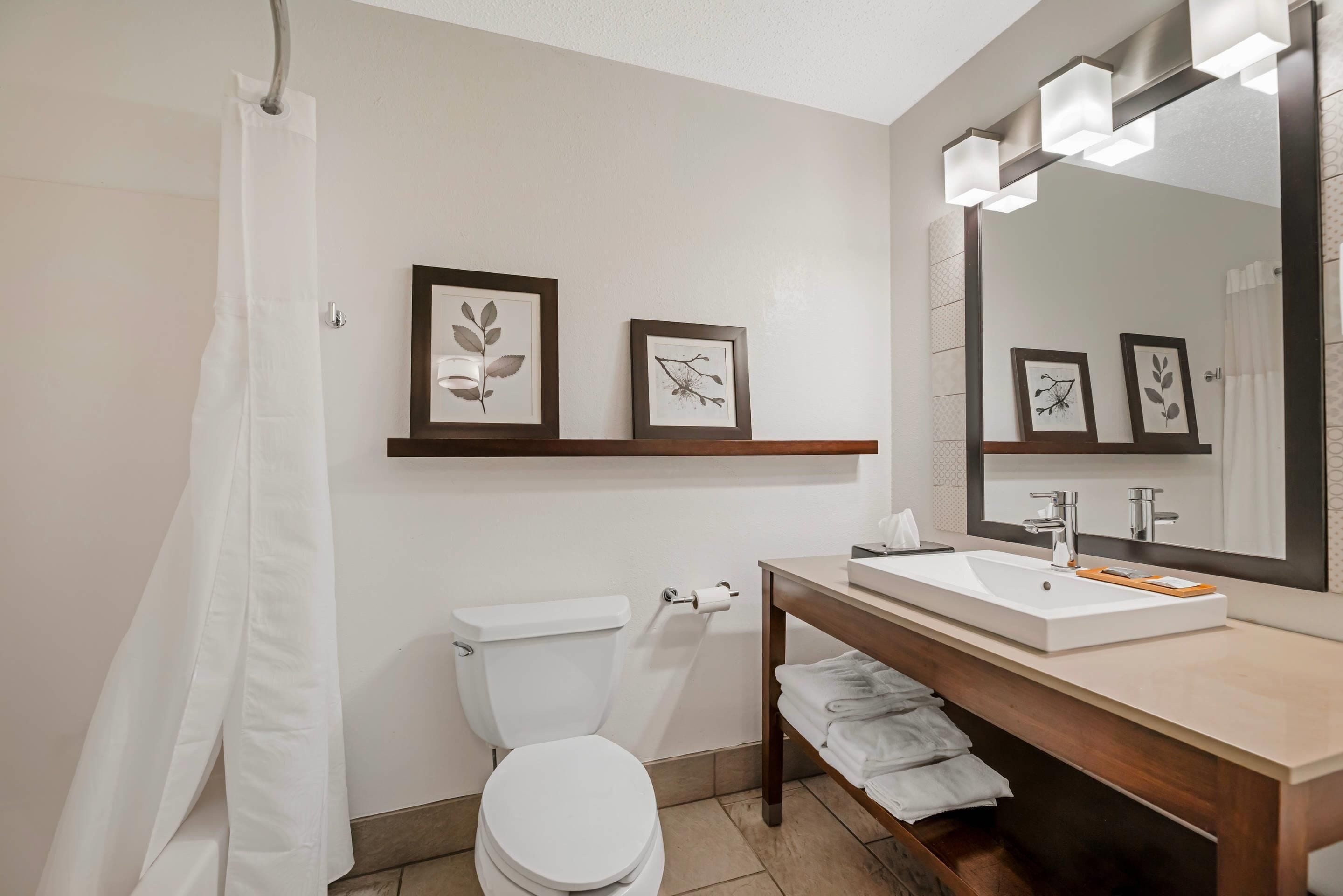 A bathroom with a white toilet, a sink with a mirror, framed pictures on the wall, and a shower curtain.