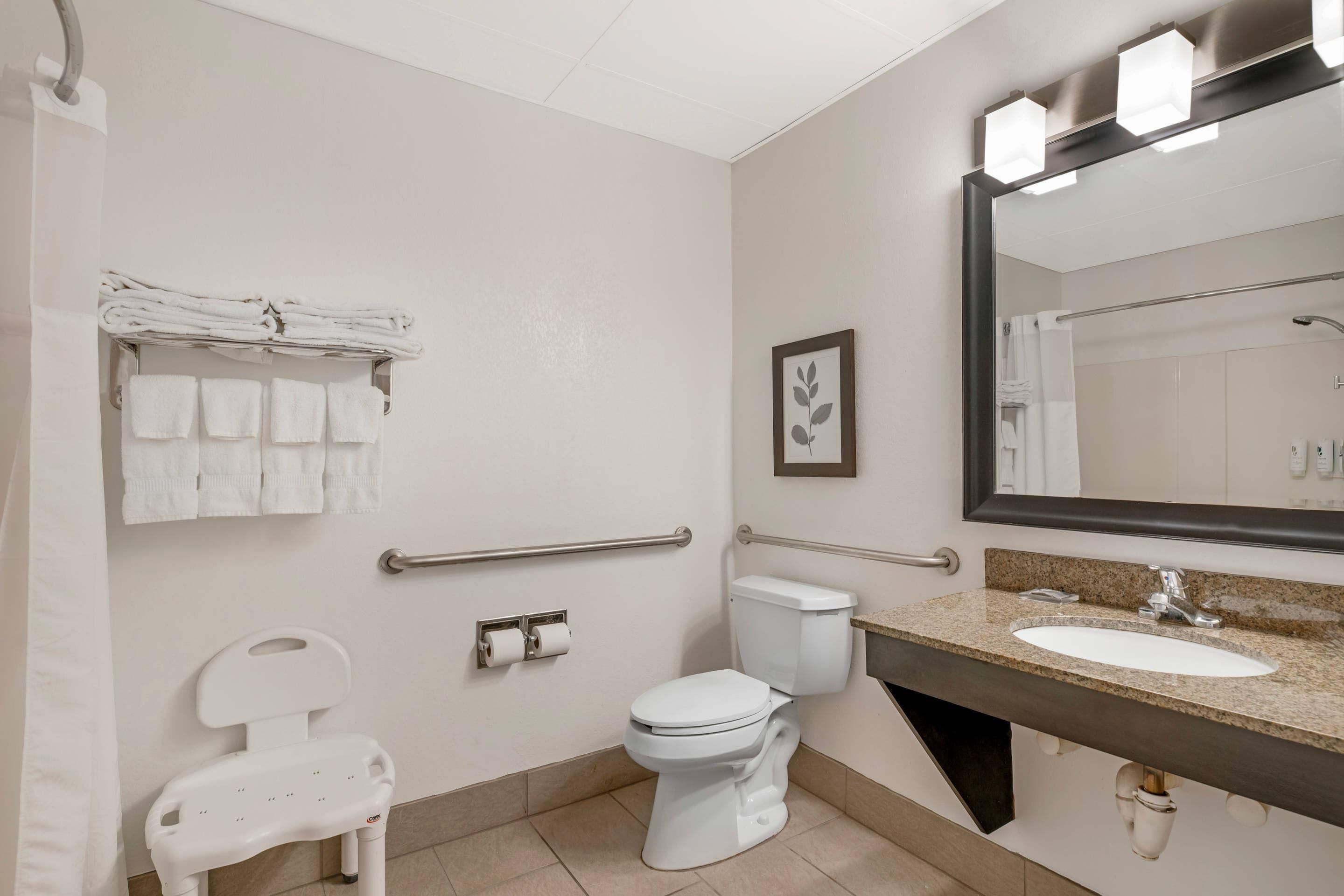 A bathroom with a toilet, sink, handrails, and a towel rack.