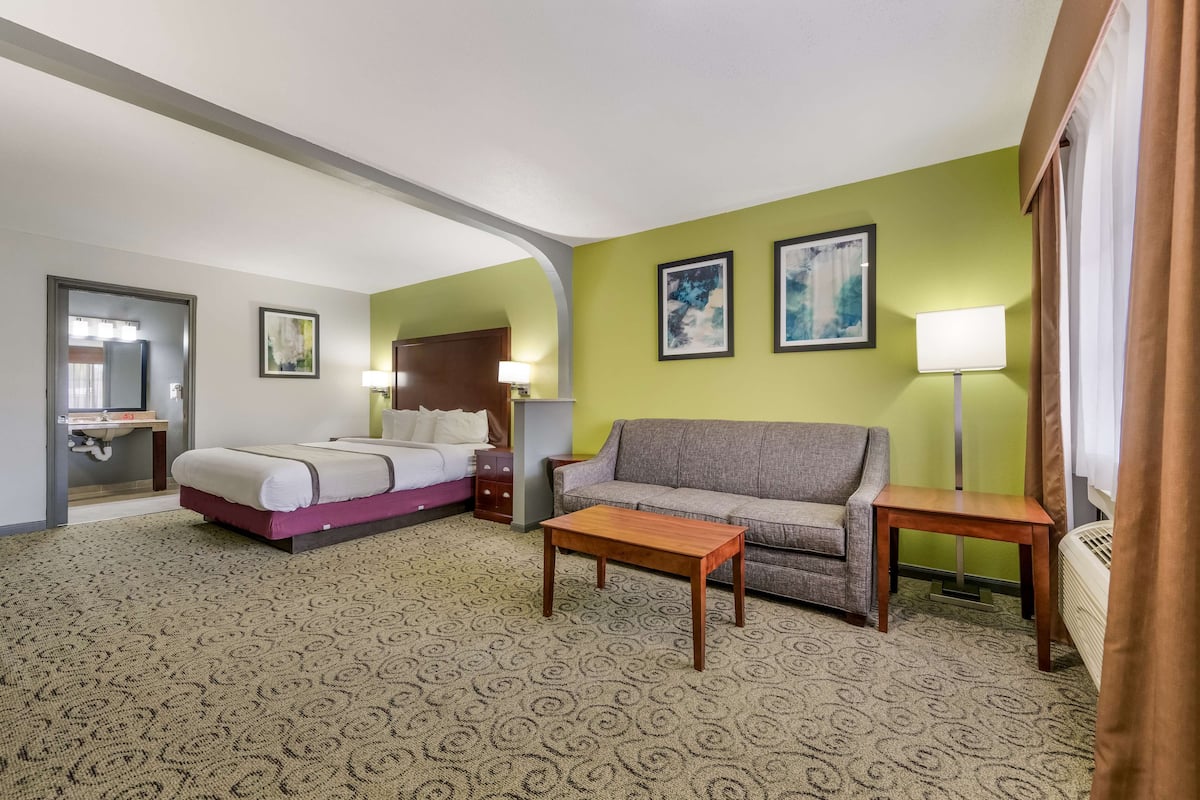 Una habitación de hotel con cama, sofá, mesa de centro y lámpara.