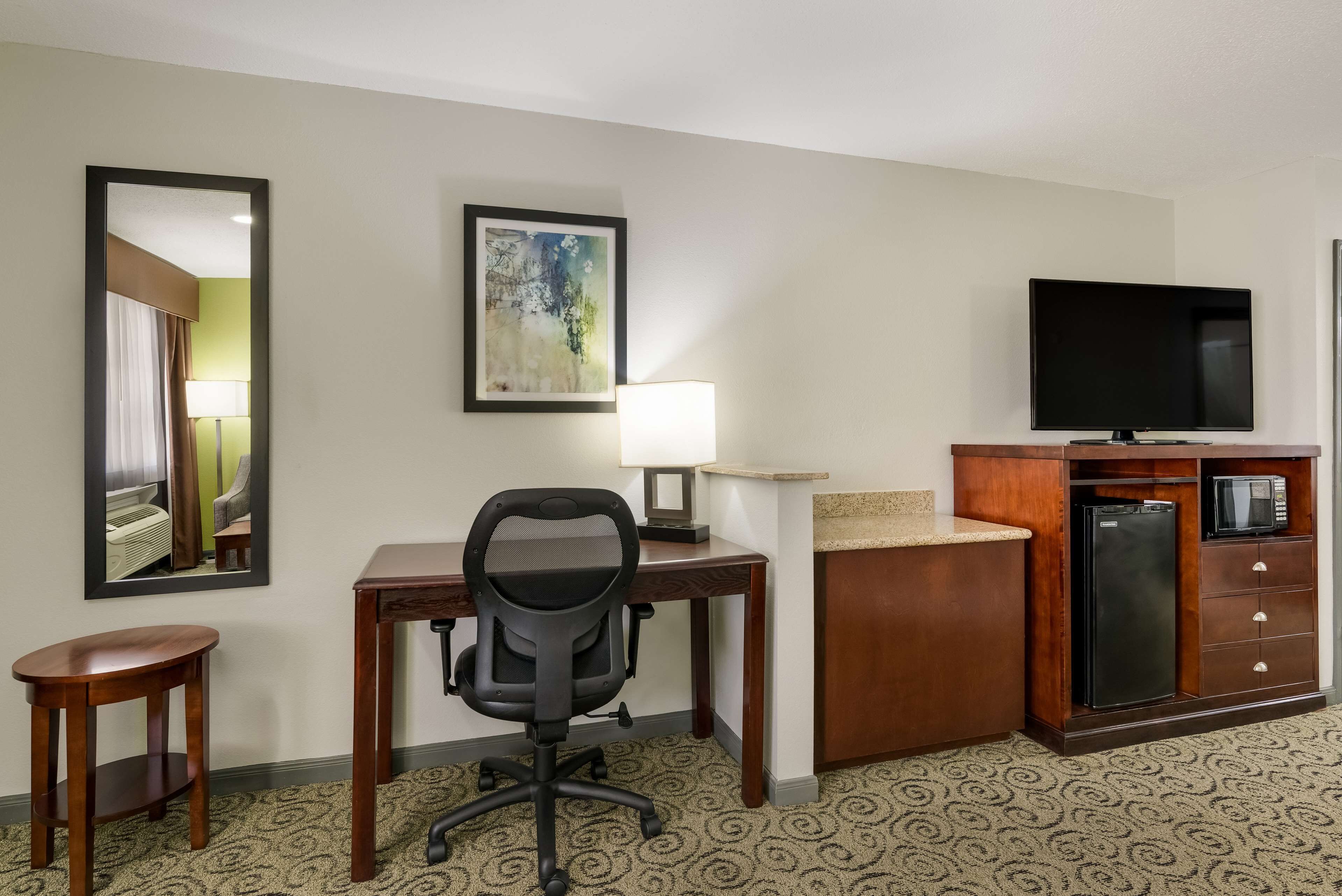 individually furnished, desk, laptop workspace, iron/ironing board