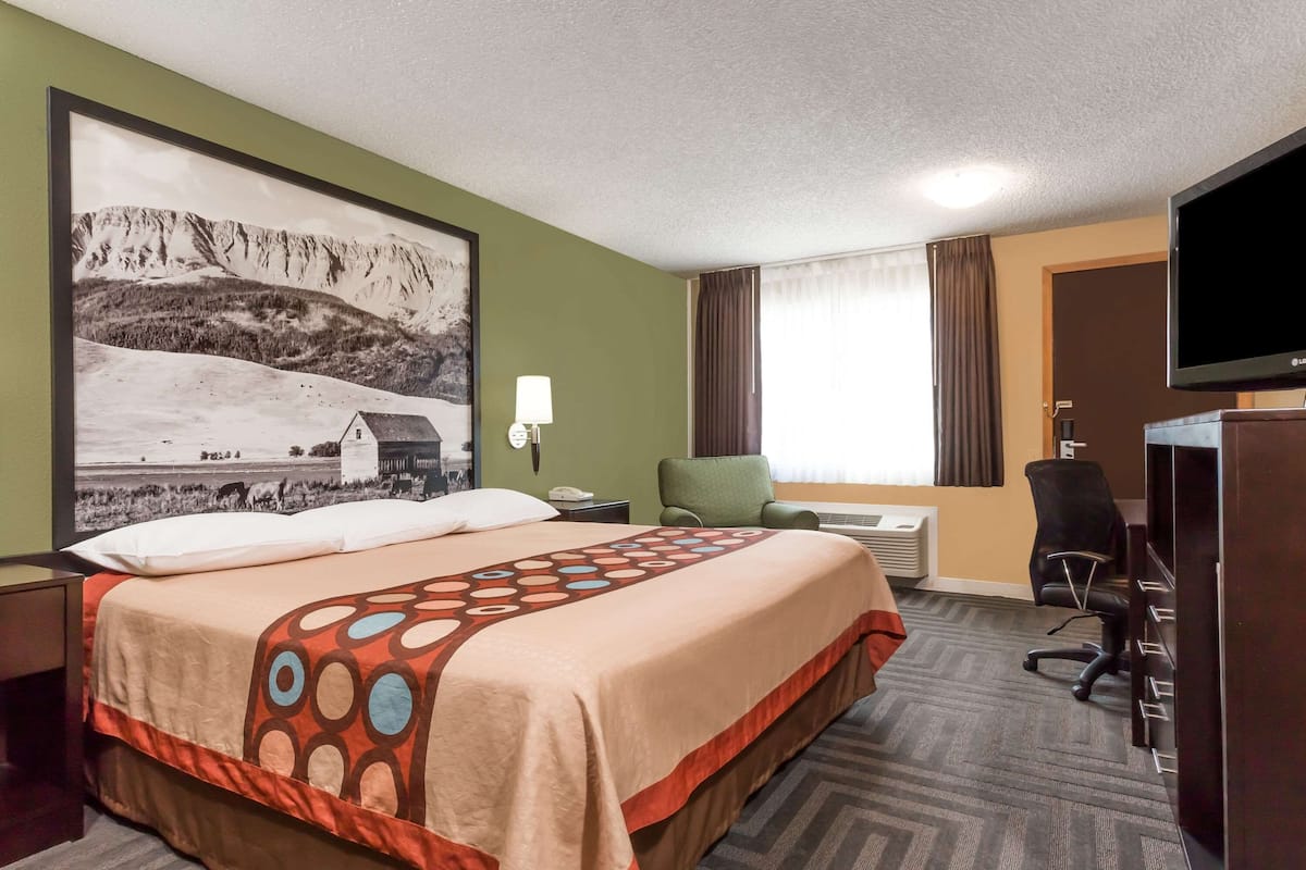 A hotel room with a large bed, a desk with a chair, a television, and a large framed picture on the wall.