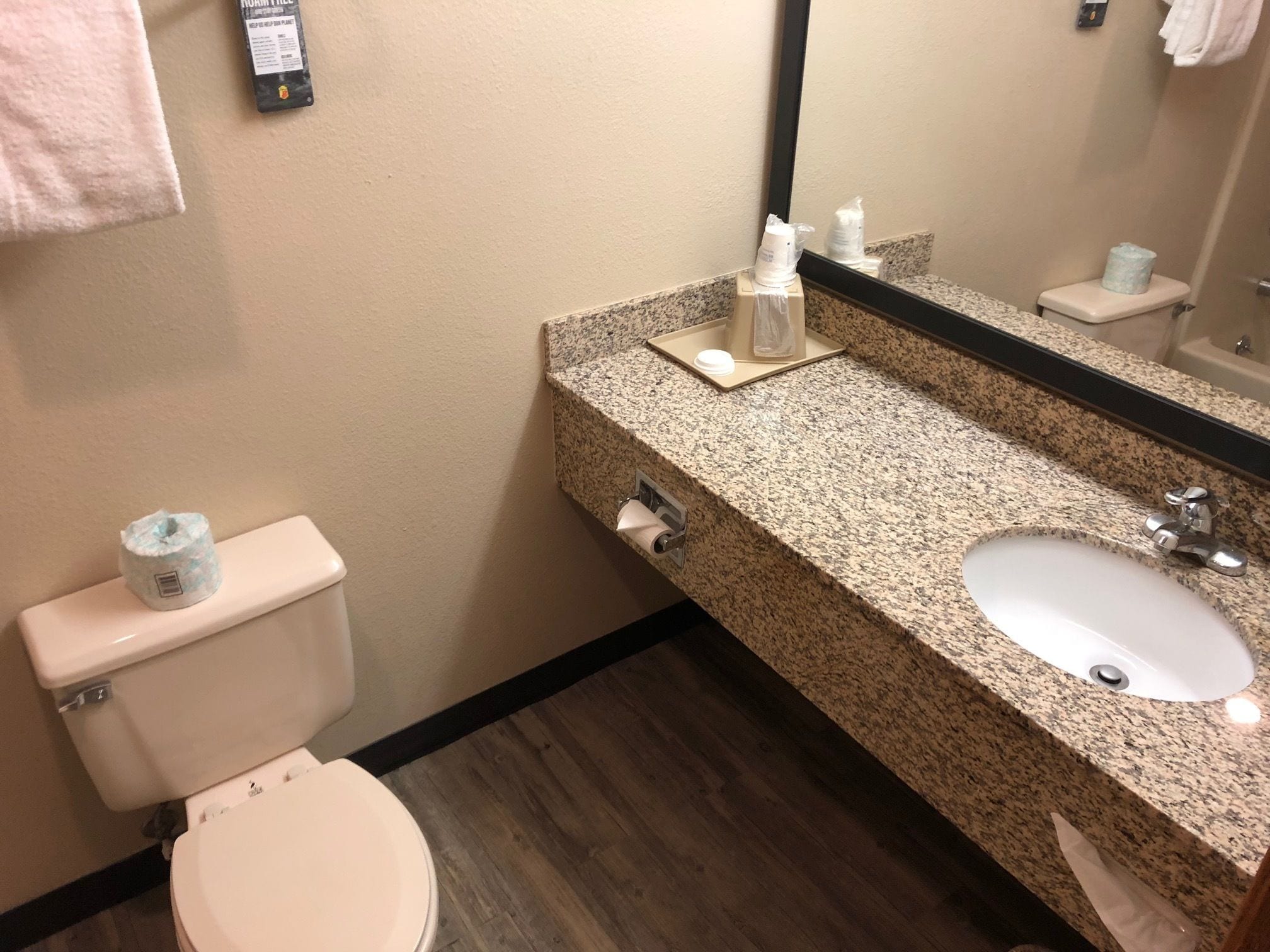 Een badkamer met toilet, wastafel en spiegel.