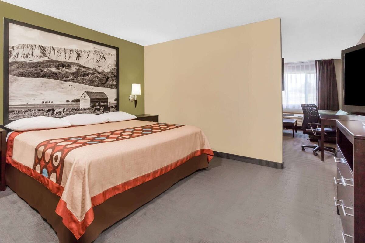 A hotel room with a bed, a desk, a chair, a television, and a large framed picture on the wall.